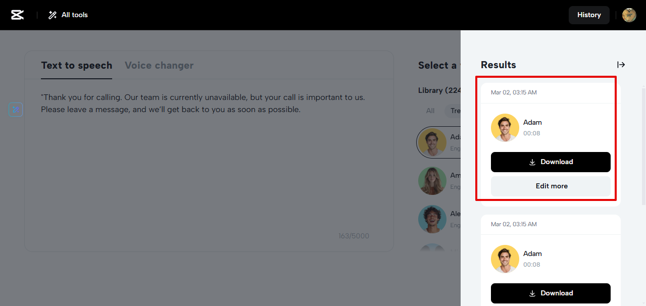 CapCut Web free voicemail output