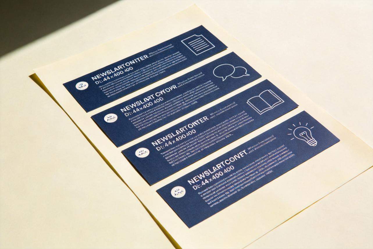 Four navy newsletter header mockups on a page, each with white text and line icons