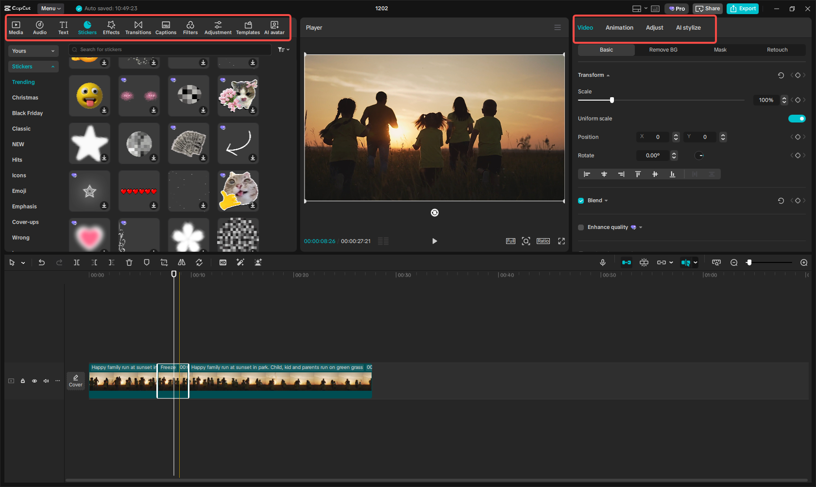 Edit the freeze frame using diverse features in CapCut