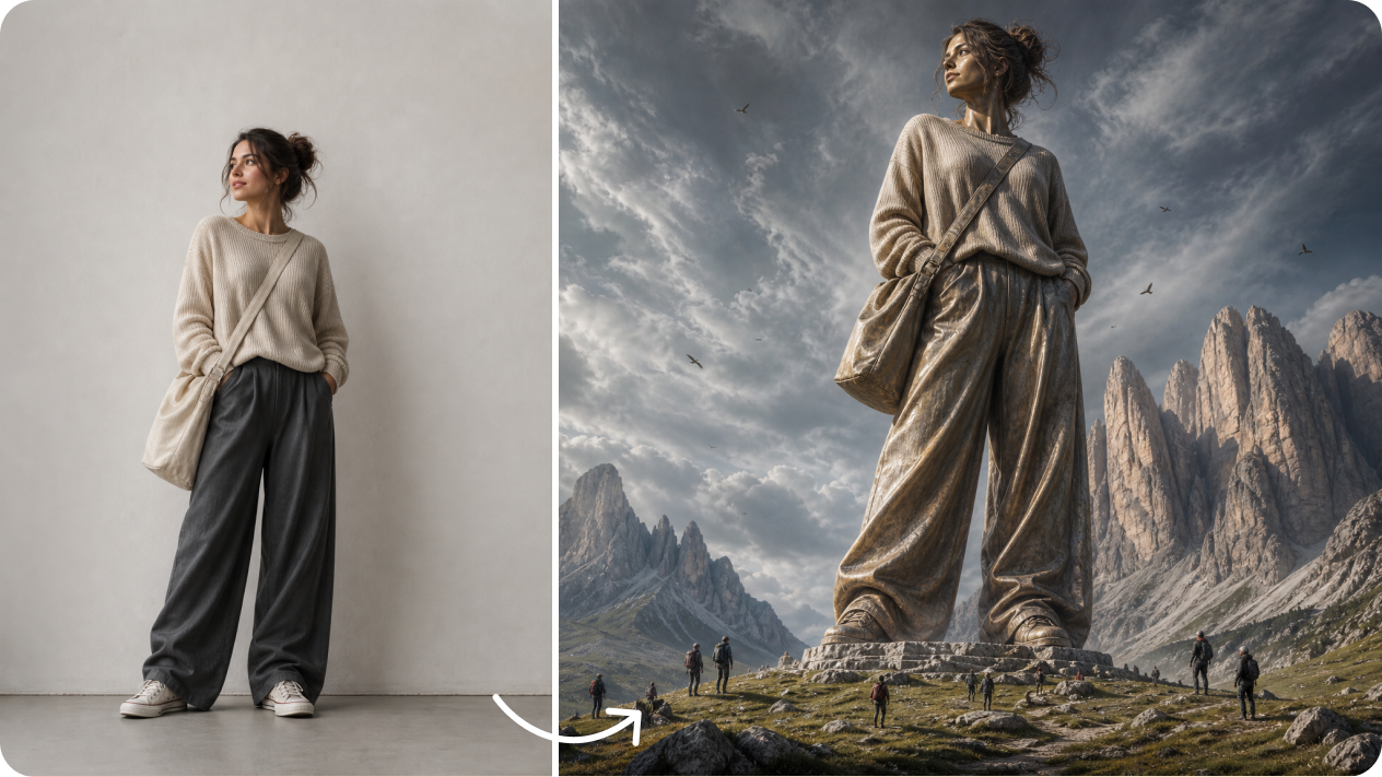 Place yourself inside a giant statue scene with image-to-image