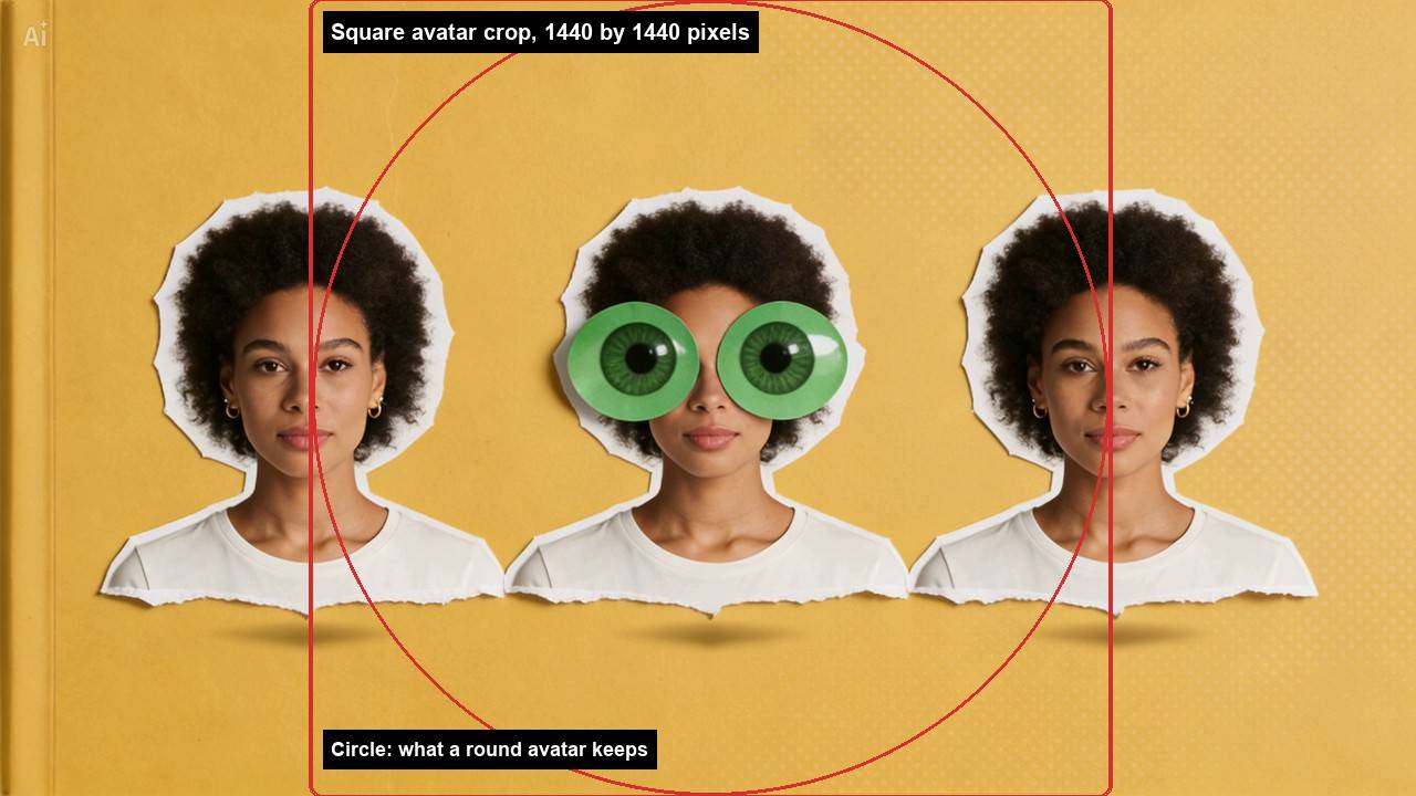 The finished collage, three paper cut-outs of the same woman on a mustard ground with oversized green paper eyes on the middle one, with a red square and a red circle drawn around the middle copy to show the avatar crop.
