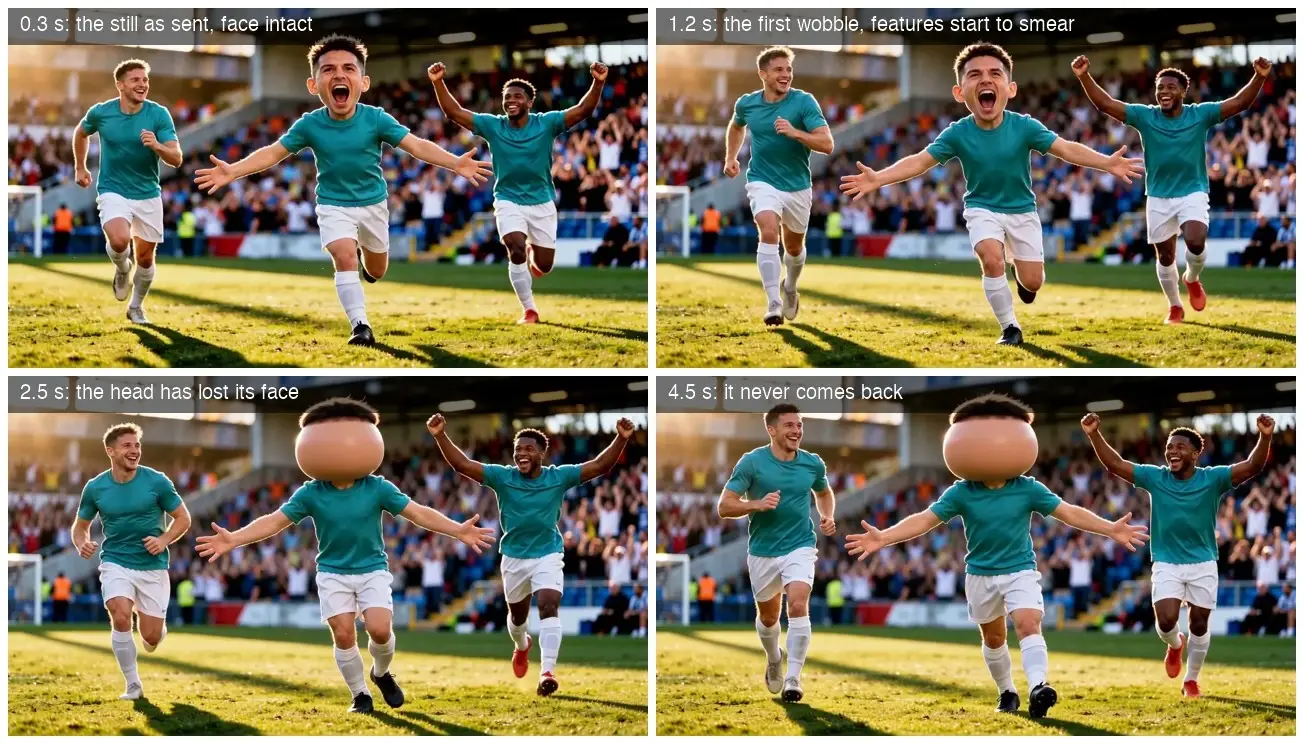Four-panel soccer scene showing runners; in later panels the center player's head becomes a blank oval.