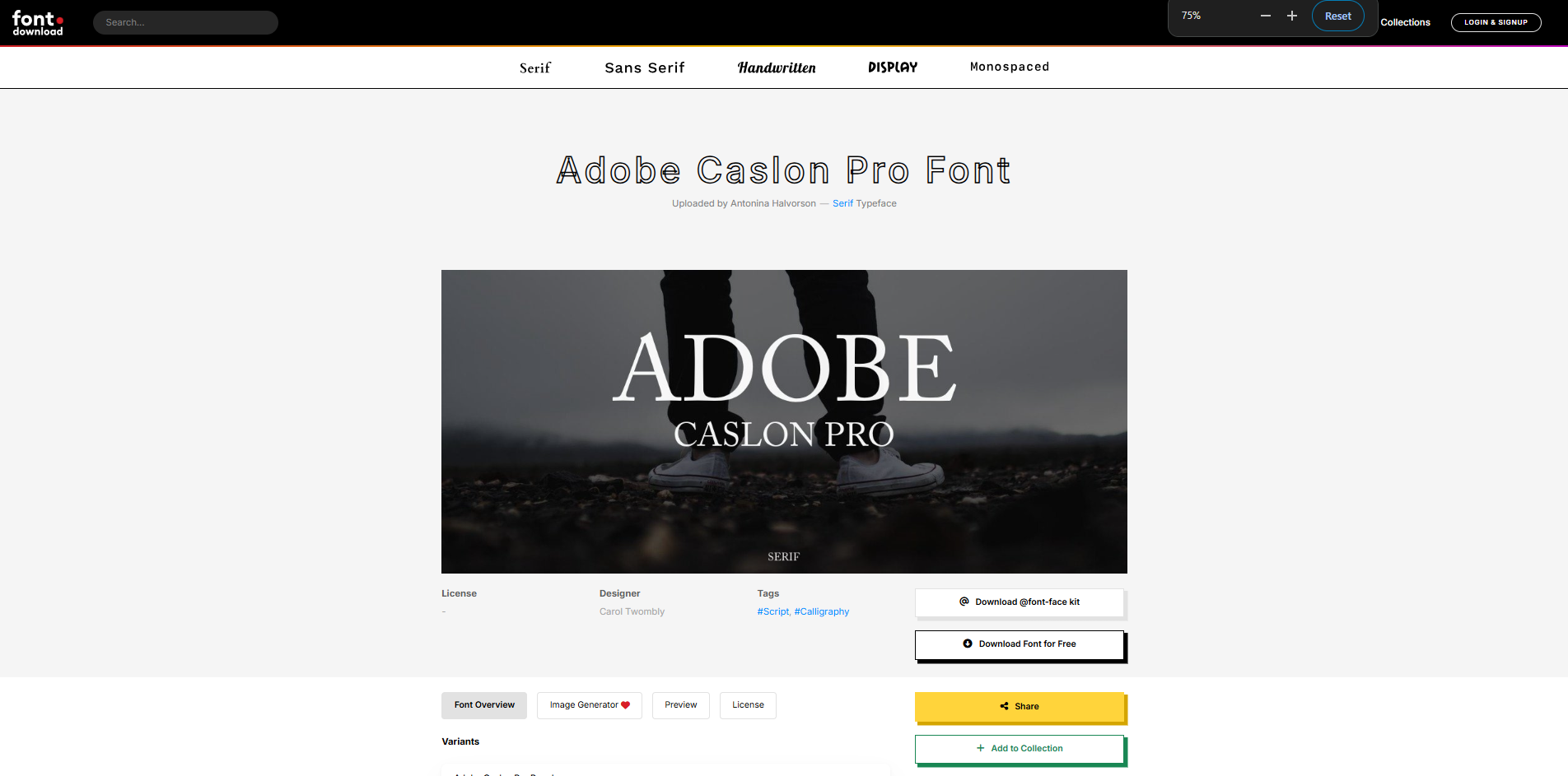 Interface of Font Download - an accessible site to download Caslon fonts for free