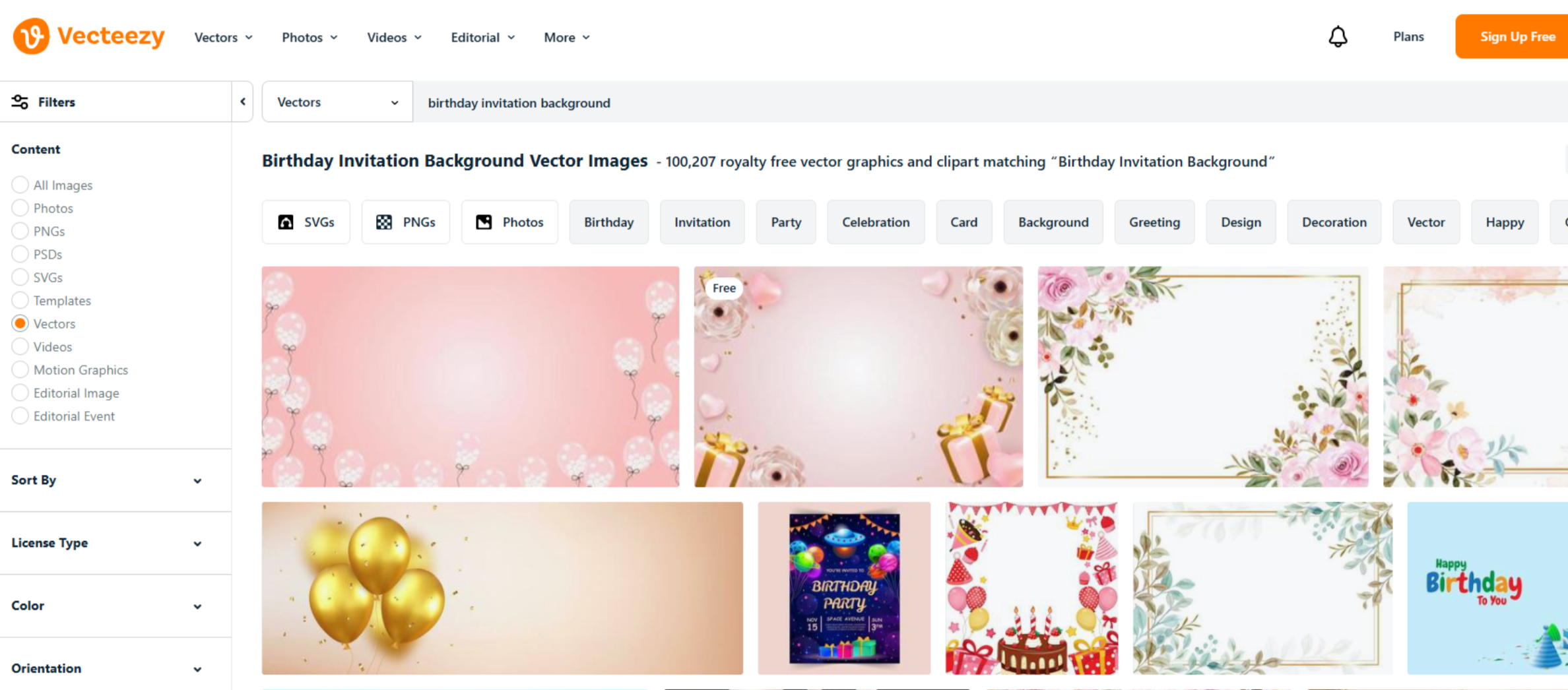 Interface of Vecteezy - another resource for birthday invitation backgrounds
