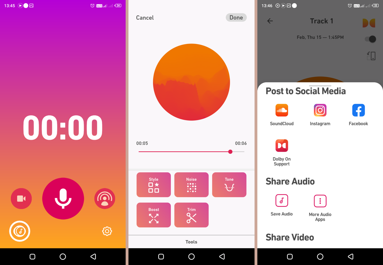 Dolby On voice recorder Android app interface