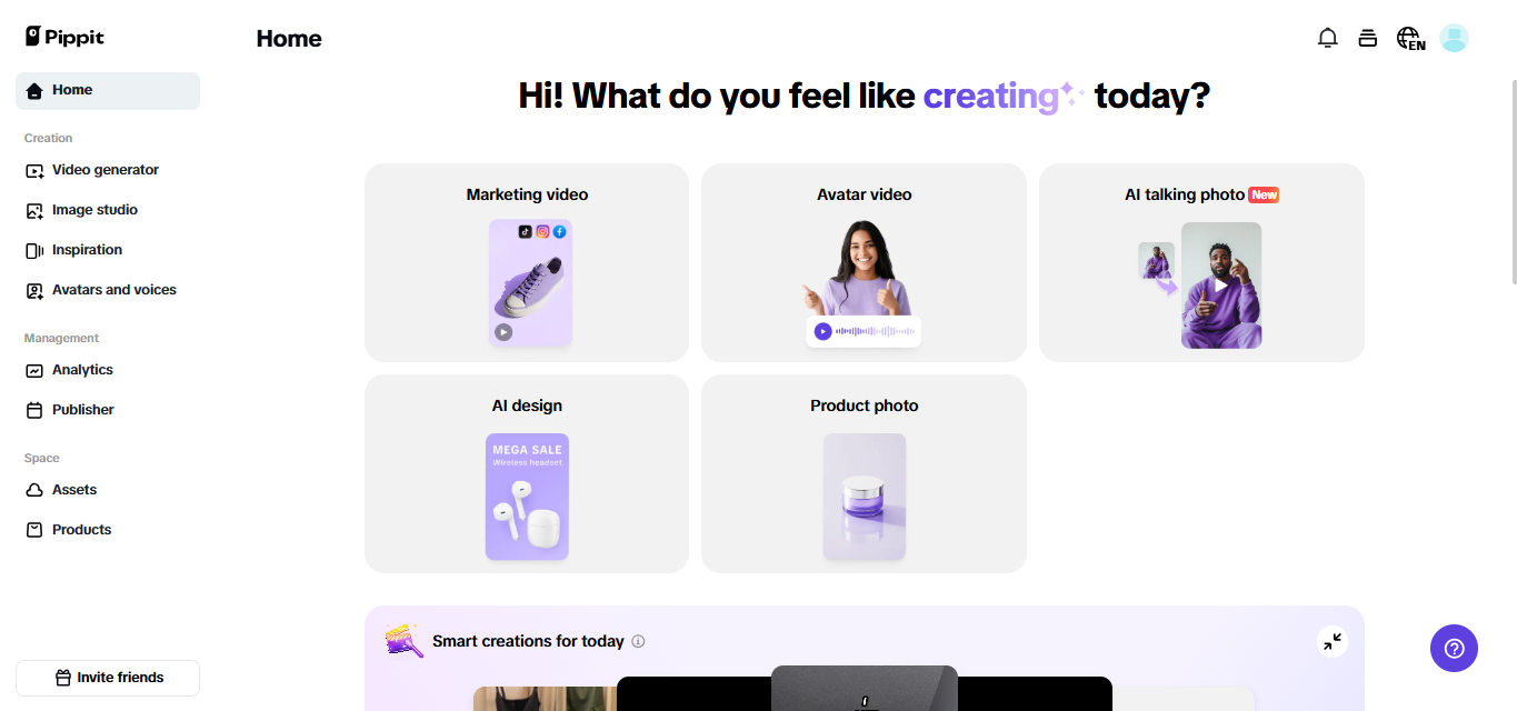 Tela inicial do Pippit
