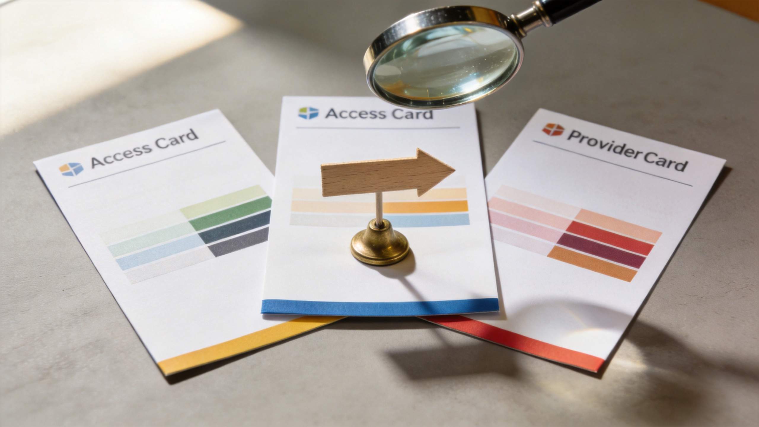Magnifying glass over three access cards with a wooden arrow sign