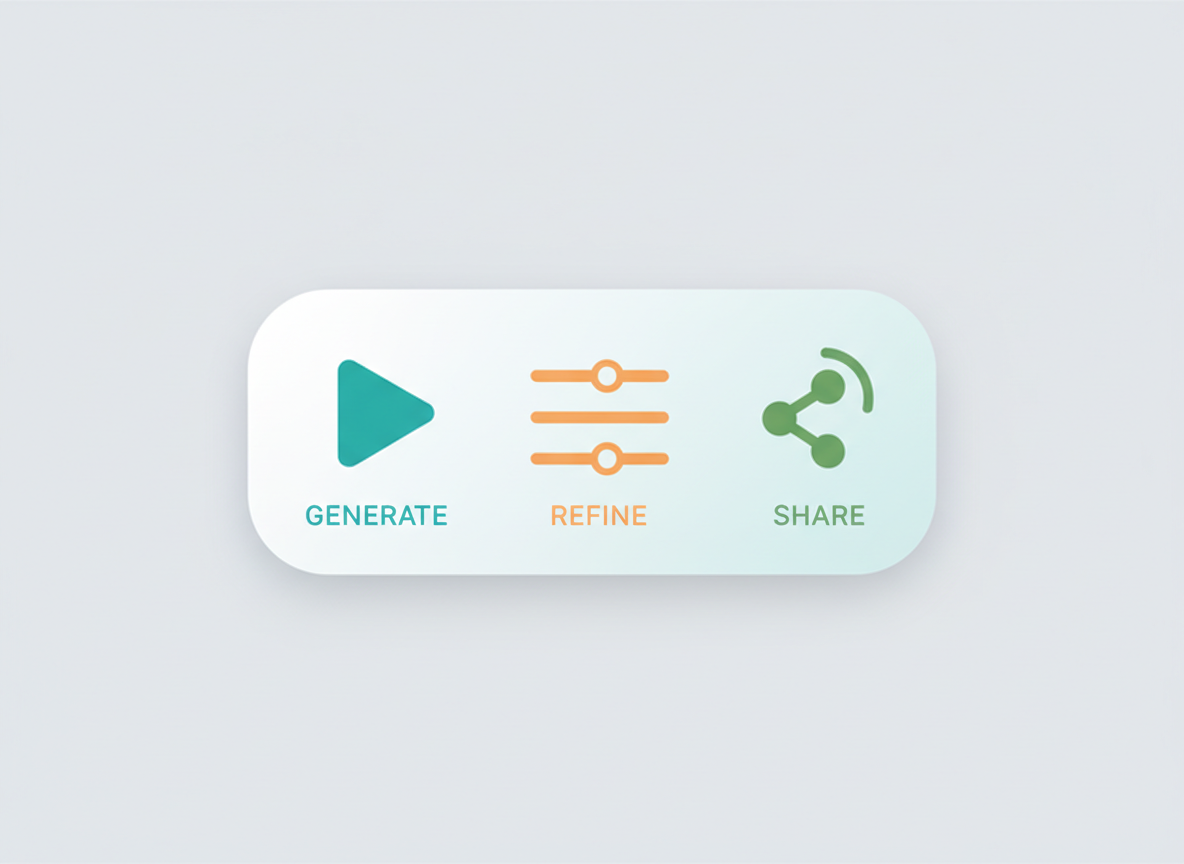 Bumuo, pinuhin, at ibahagi - play button, slider, at share arrow.