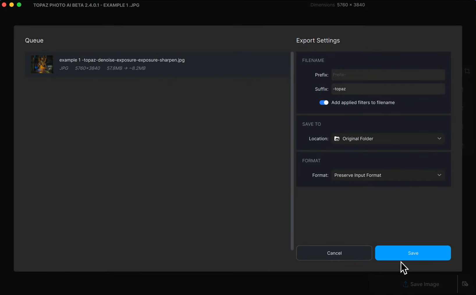 Exportar una imagen desde Topaz AI