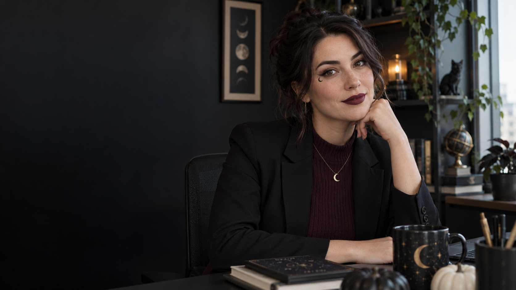 Subtle Burgundy Witch: A fictional adult professional with muted burgundy lipstick and tiny crescent eyeliner detail, business casual clothing and soft office daylight.