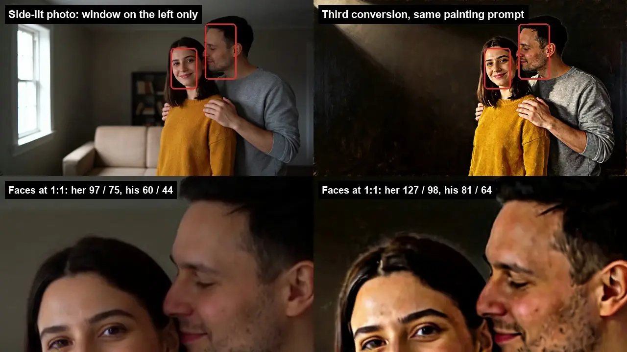 Couple portrait in warm oil painting style with close-up faces and dark background