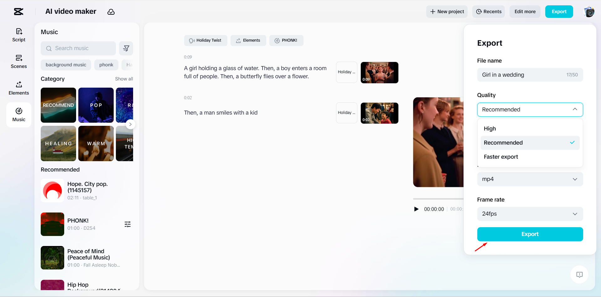 Exporting a video from CapCut's AI video maker