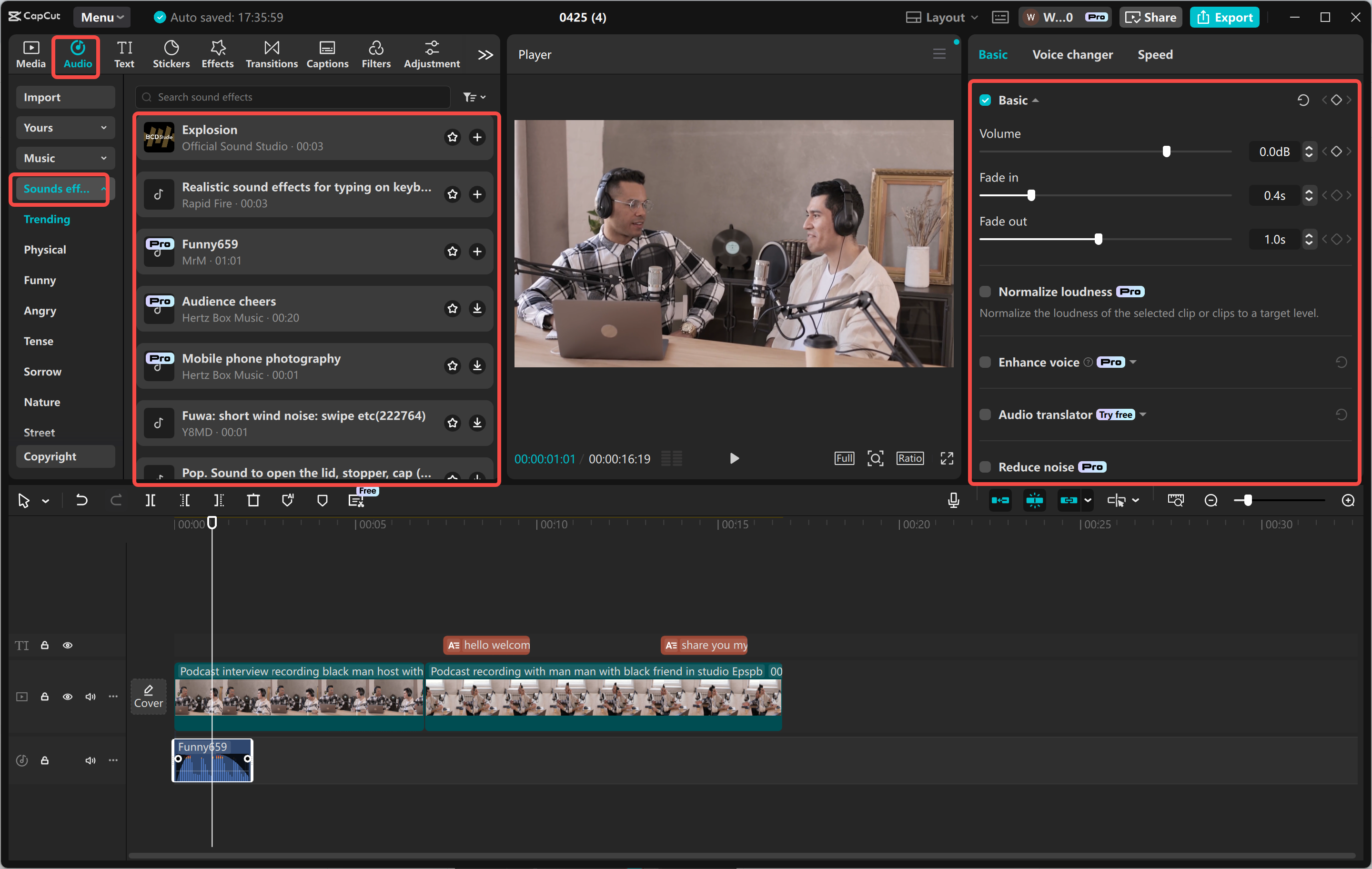 Adding audio effects and adjusting volume in the CapCut desktop video editor