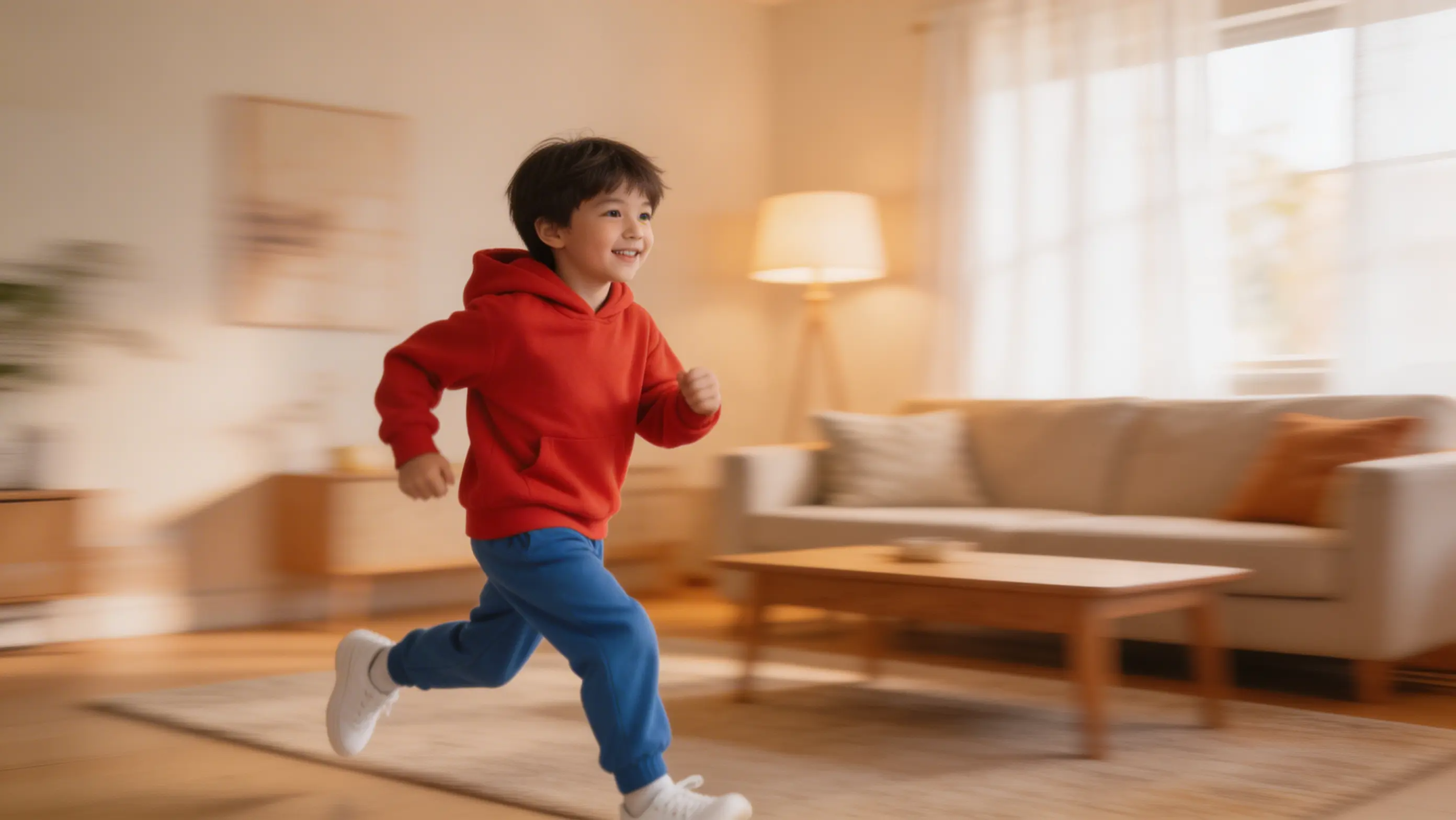 Kanak-kanak berlari di dalam rumah dengan kesan kabur gerakan