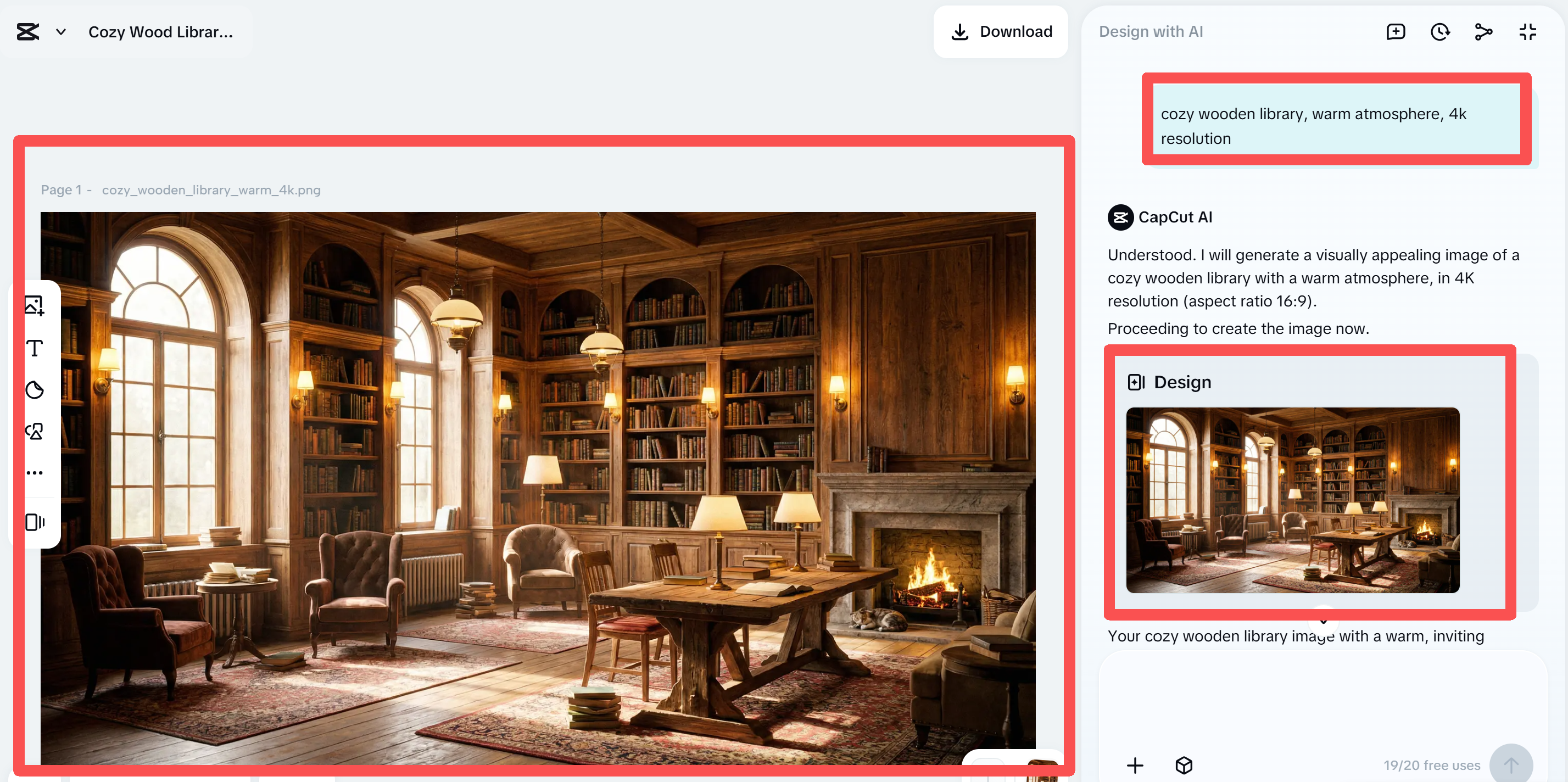 Generating a cozy wooden library background using AI text prompt in CapCut online