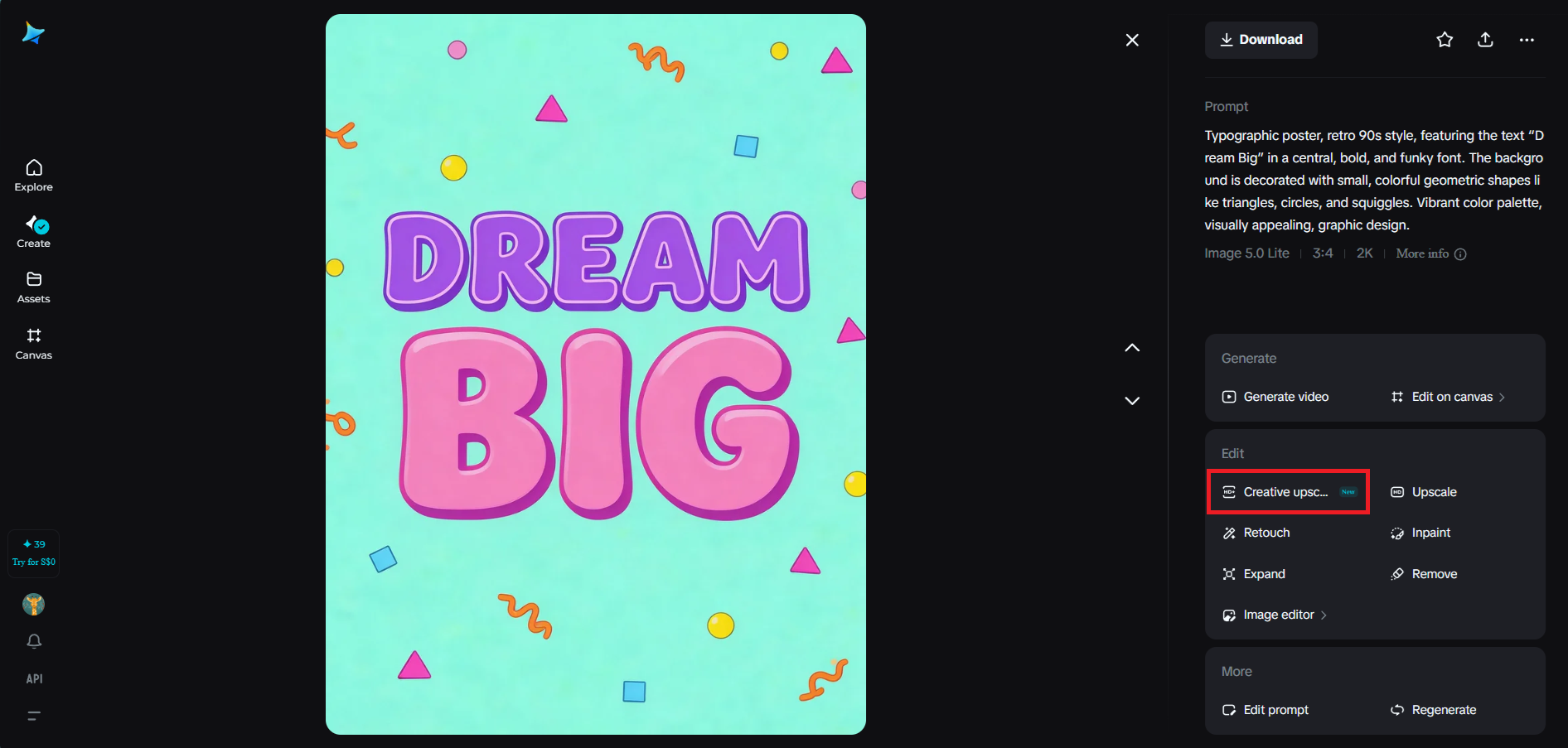 Creative upscale feature in Dreamina