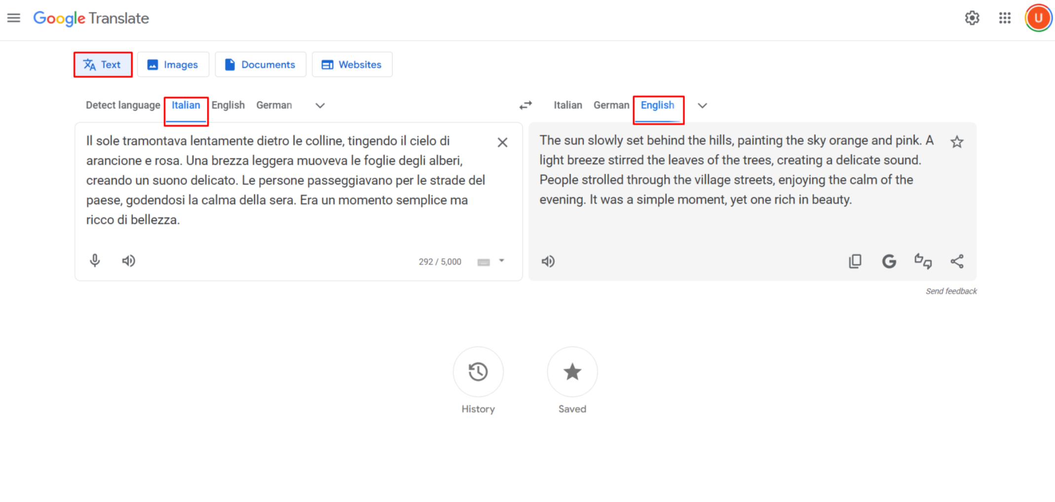 Showing how to translate Italian to English words with Google Translate