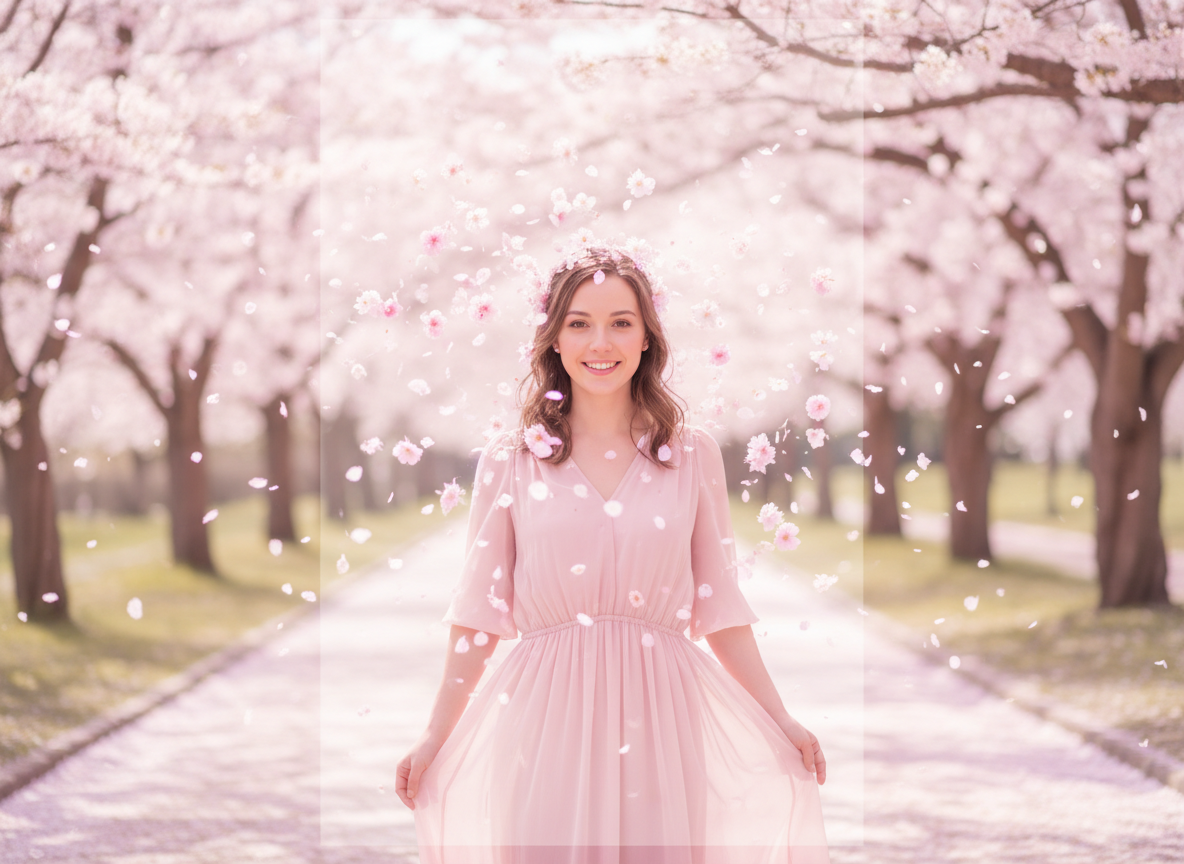 Mock TikTok cover concept with vertical portrait and floating blossoms, soft pink tones, strong focal point
