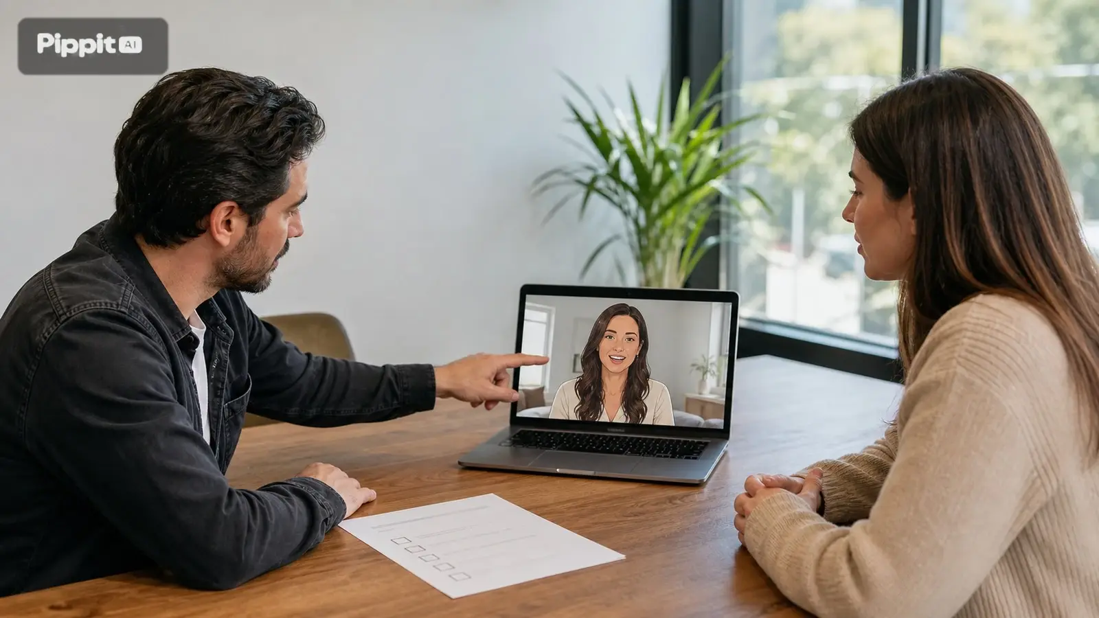 Due persone esaminano un laptop con un avatar parlante durante un controllo sulla privacy.