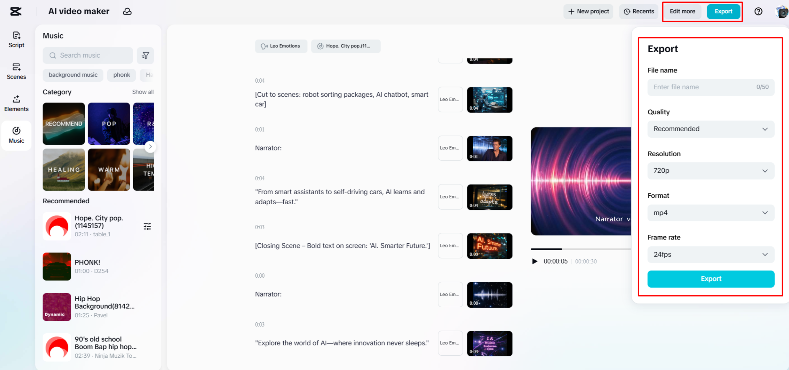 Exportieren eines Videos aus CapCut Web