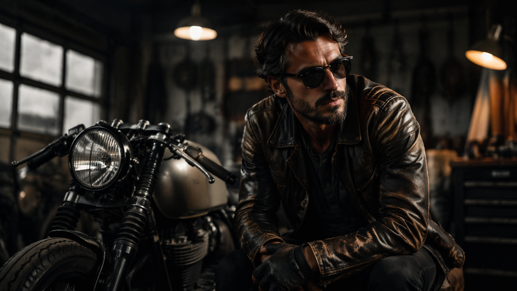 Dreamina AI Biker Filter prompt example 3: Cafe Racer Garage