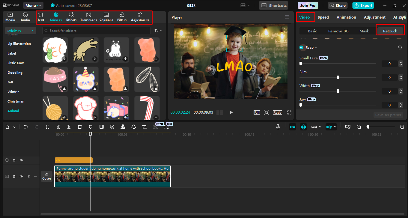 Editing the funny image using advanced tools in the CapCut desktop video editor