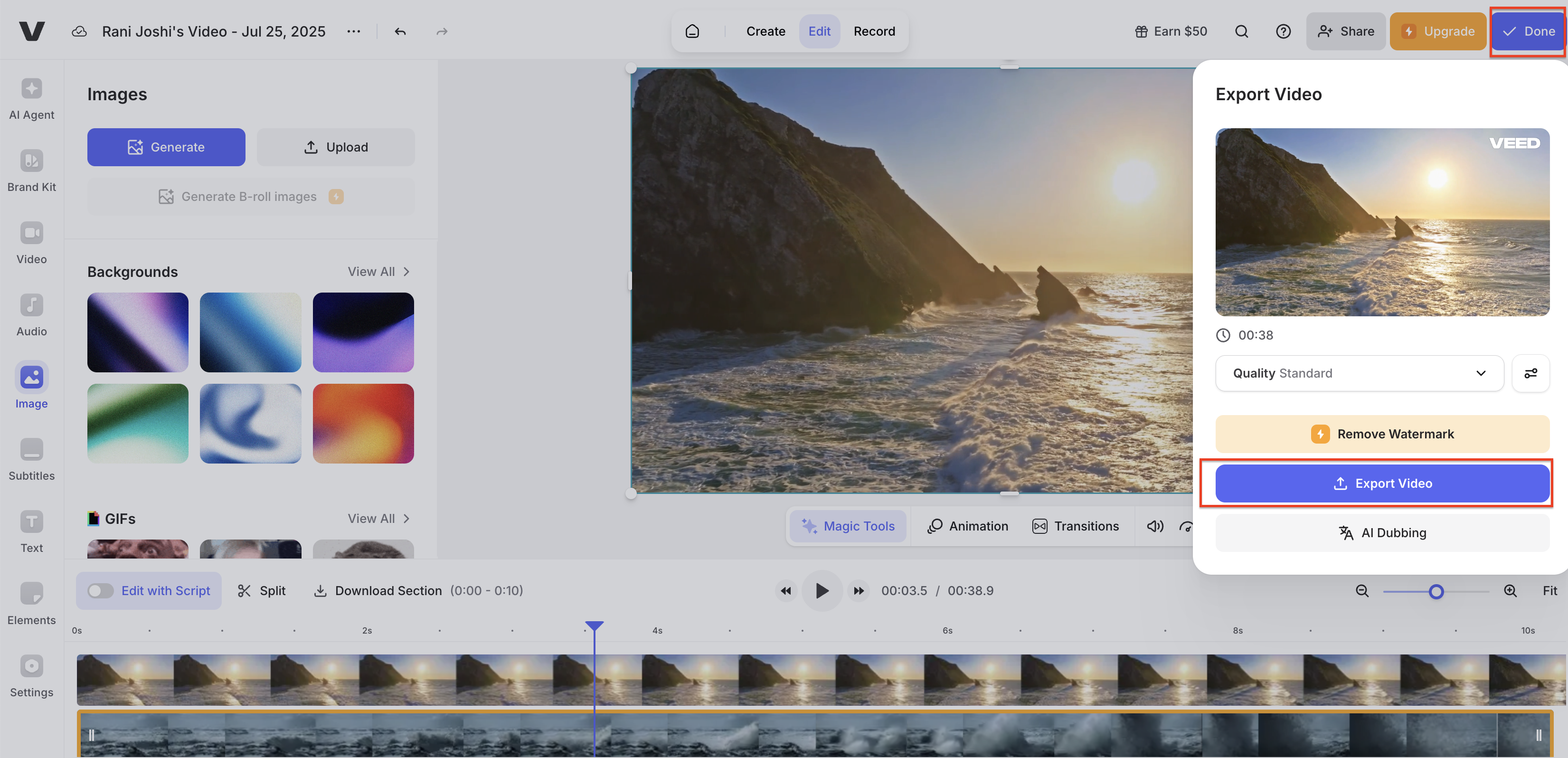 해상도 옵션이 표시된 VEED 내보내기 화면