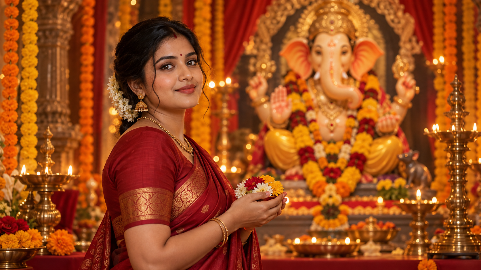 Foto de Lalbaugcha Raja AI: Ofrenda de flores de sari rojo
