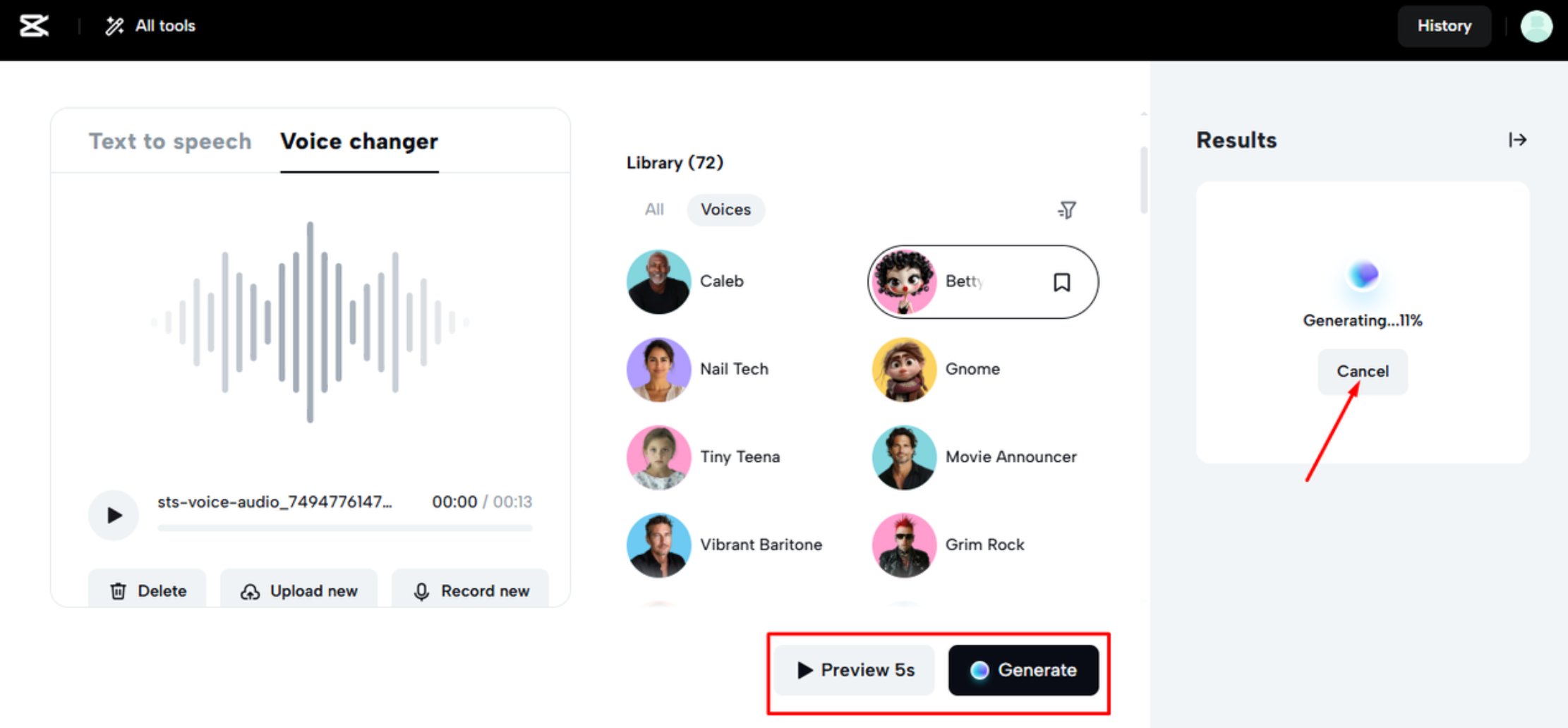 Using a voice changer in the CapCut web