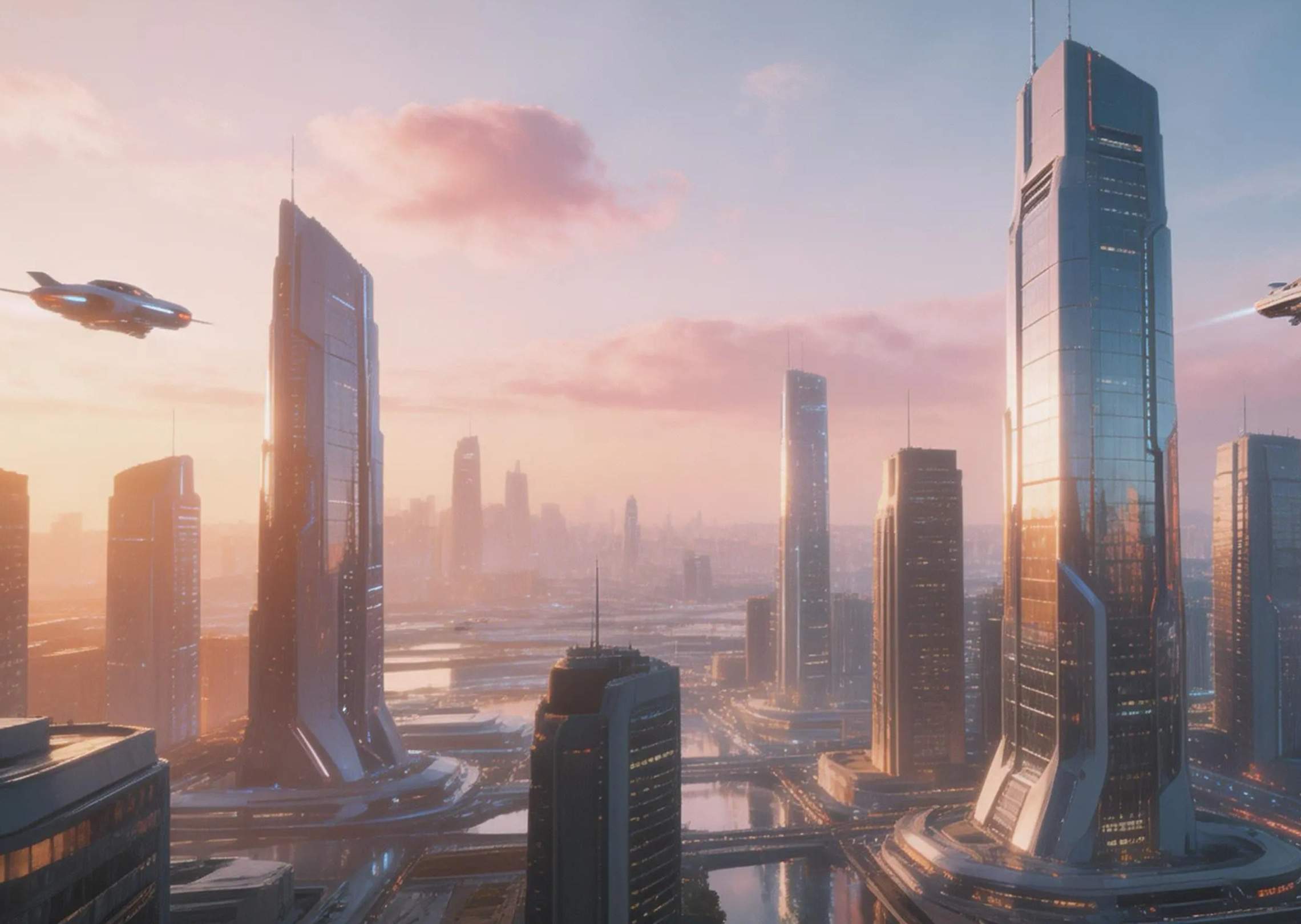 A futuristic city skyline at sunrise