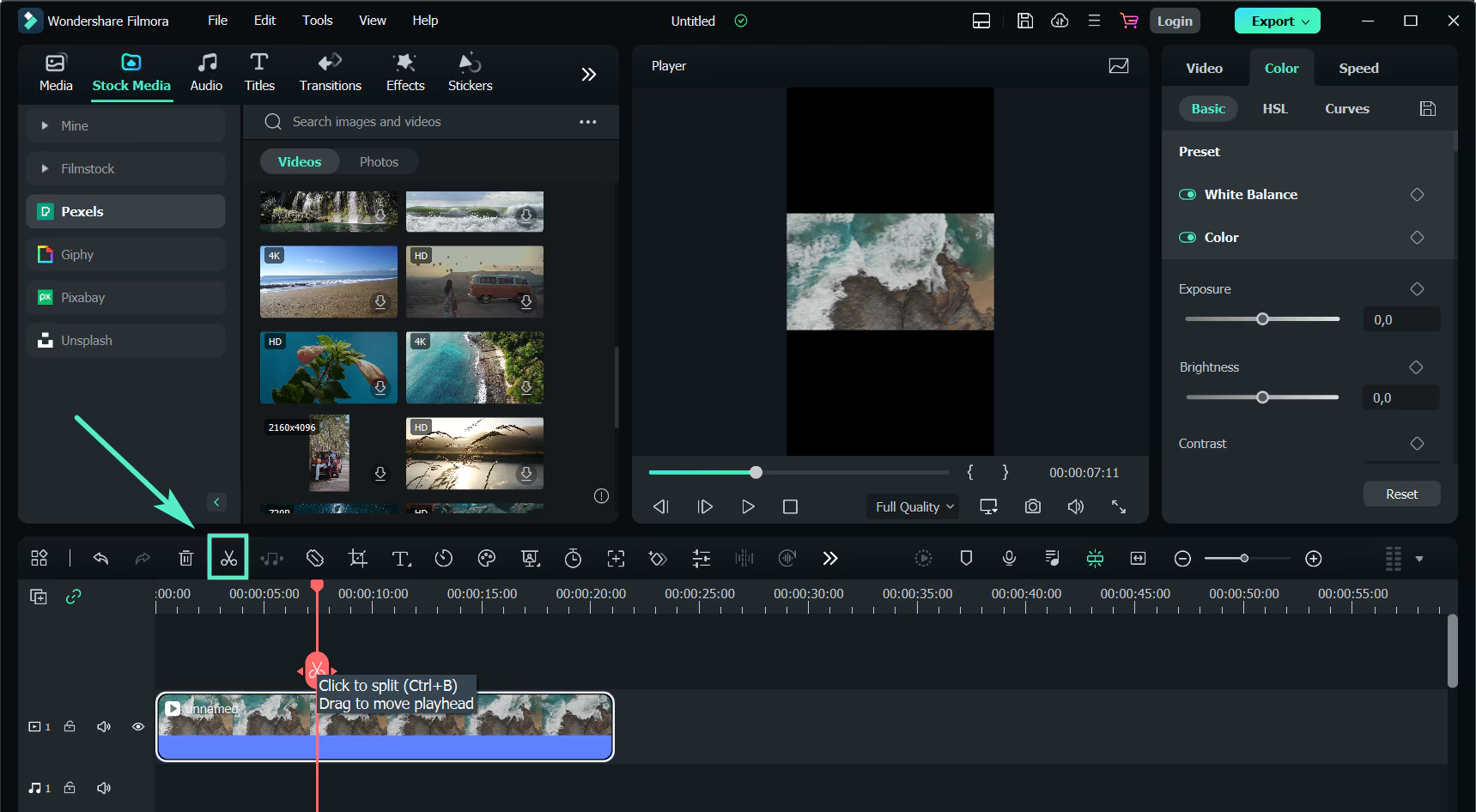Showing how to split a movie in Filmora Video Editor
