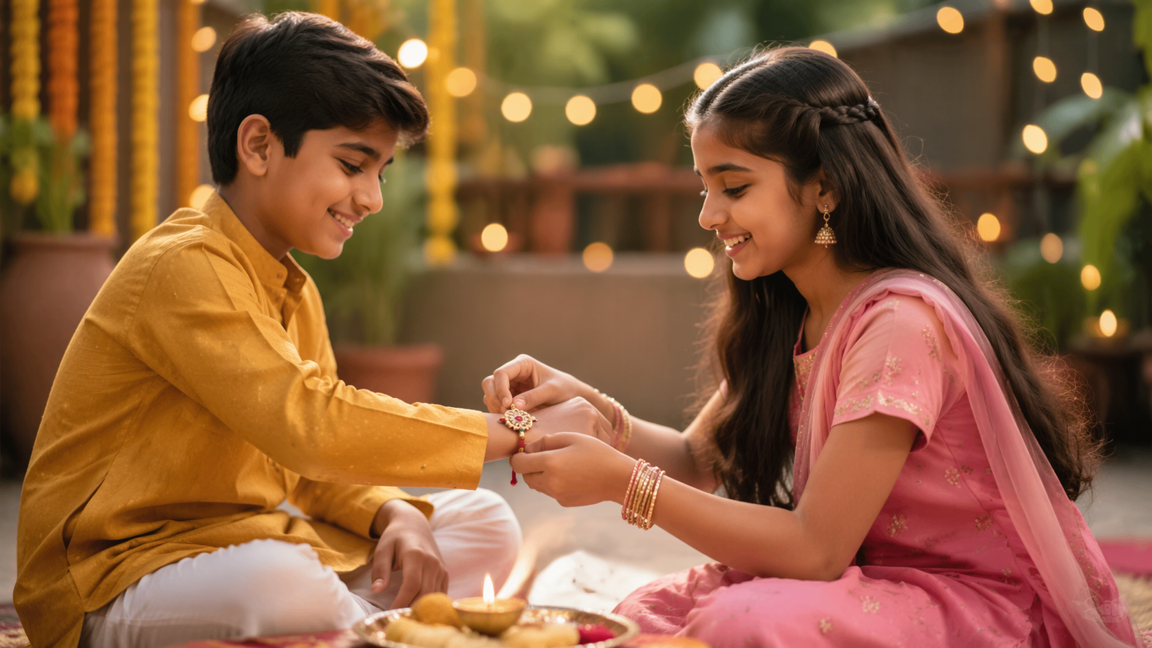 Dreamina Raksha Bandhan AI-Fotoaufforderungen Beispiel 5: Süßigkeiten und Blumen Szene