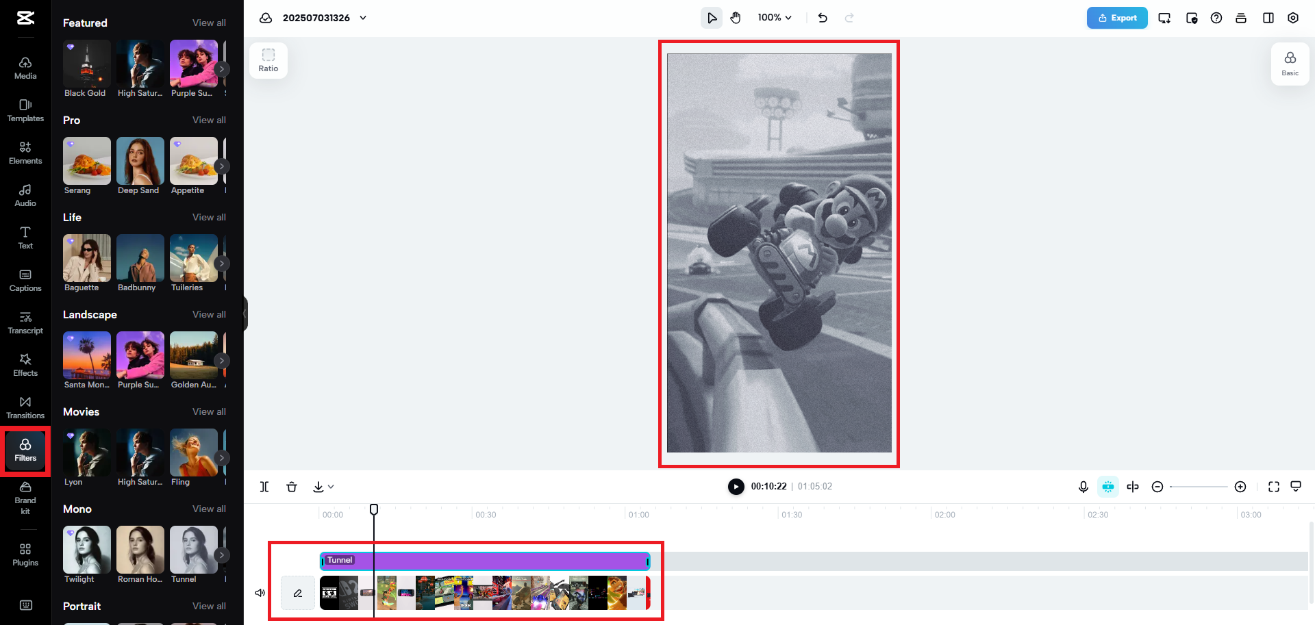 Select your desired black and white filter