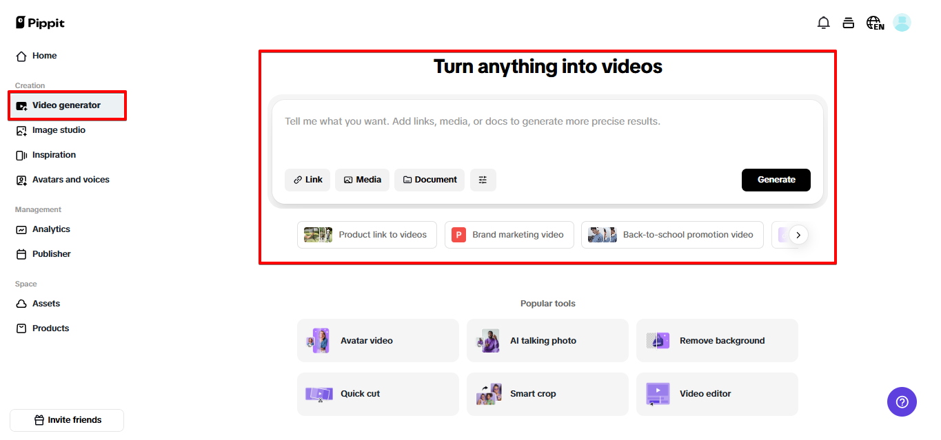 Gerador de vídeos Pippit