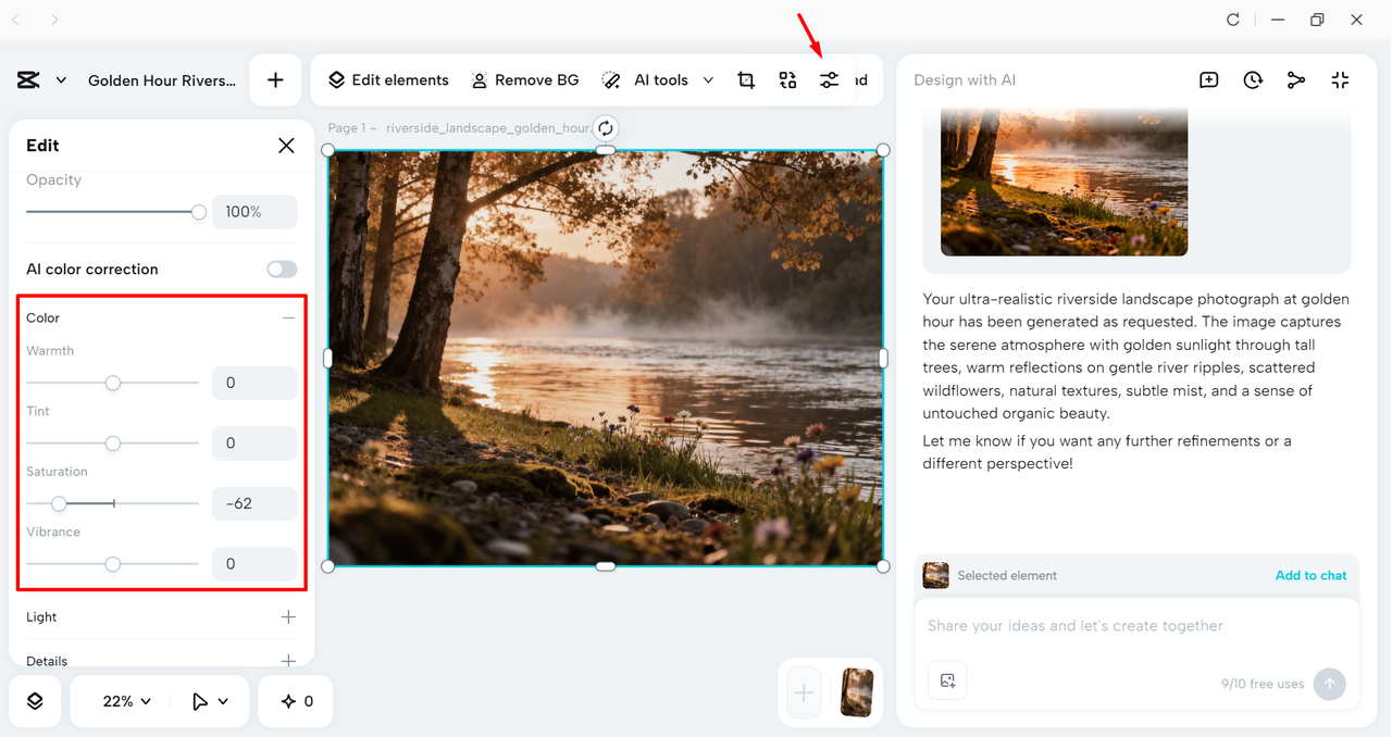 Changing the image saturation in the CapCut desktop video editor
