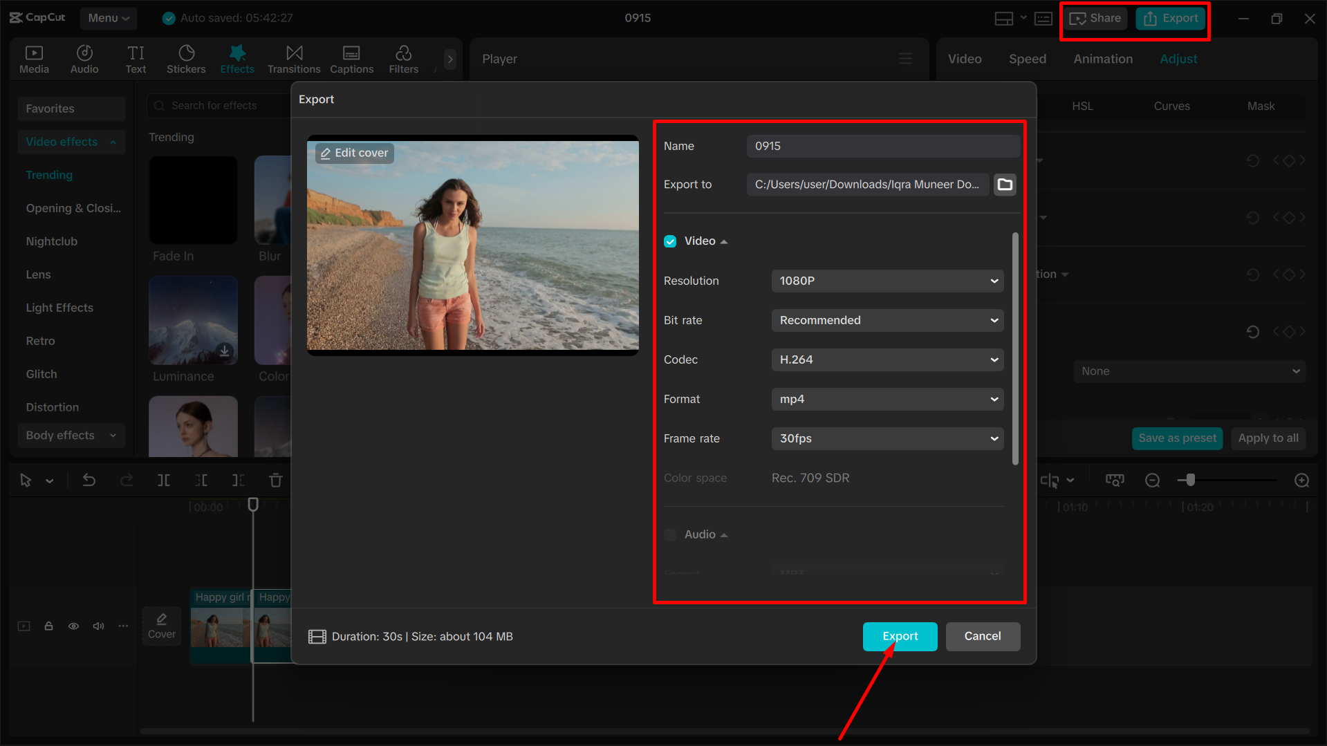 Exporting the media from the CapCut desktop video editor