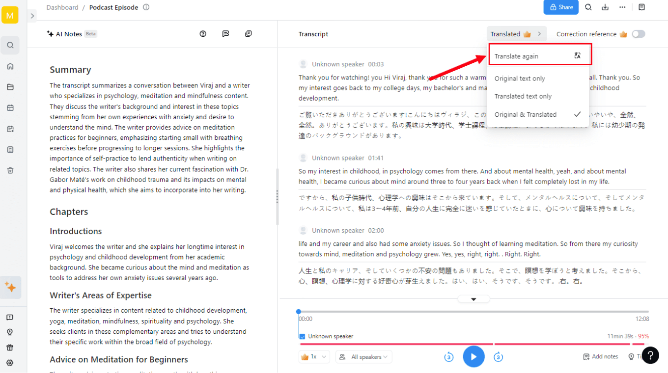 Interface of Notta - an easy way to translate Chinese to English