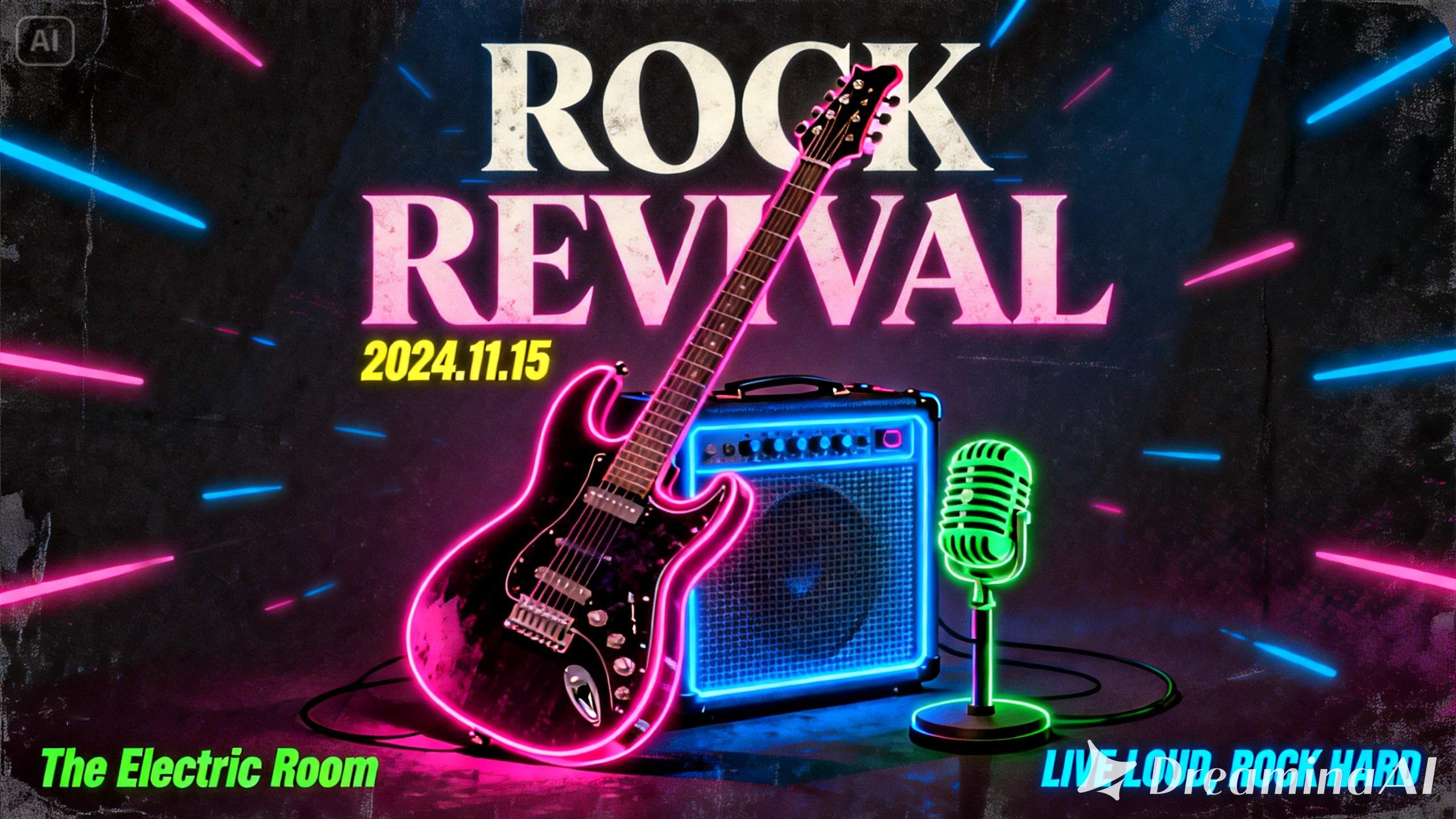 Classic rock concert poster with large-scale typography and iconic objects.