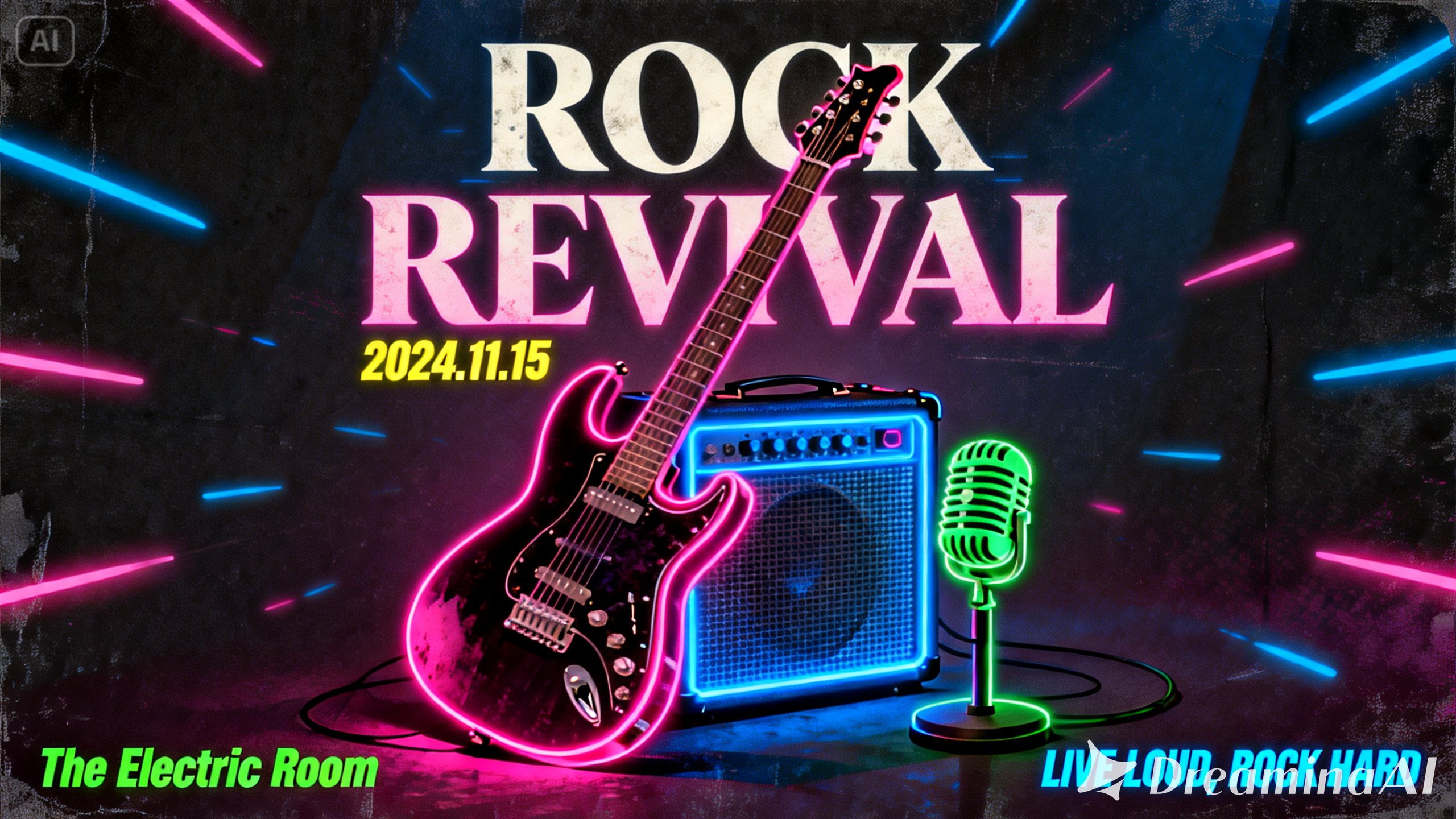 具有大尺寸排版和標誌性物件的經典搖滾音樂會海報。