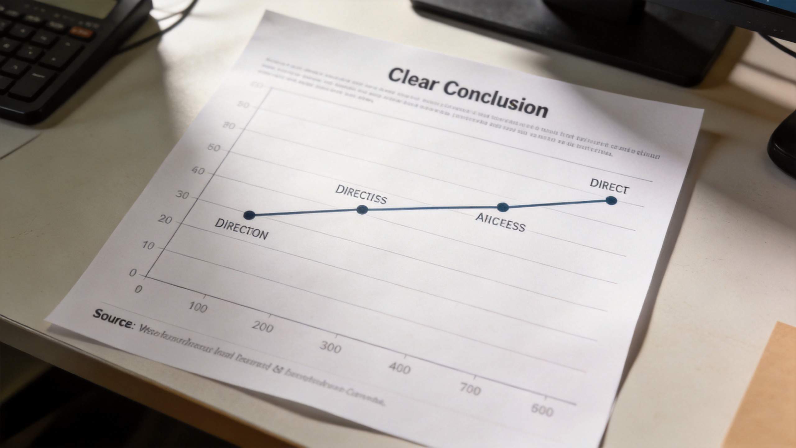 Printed line chart titled Clear Conclusion with four labeled points on a desk
