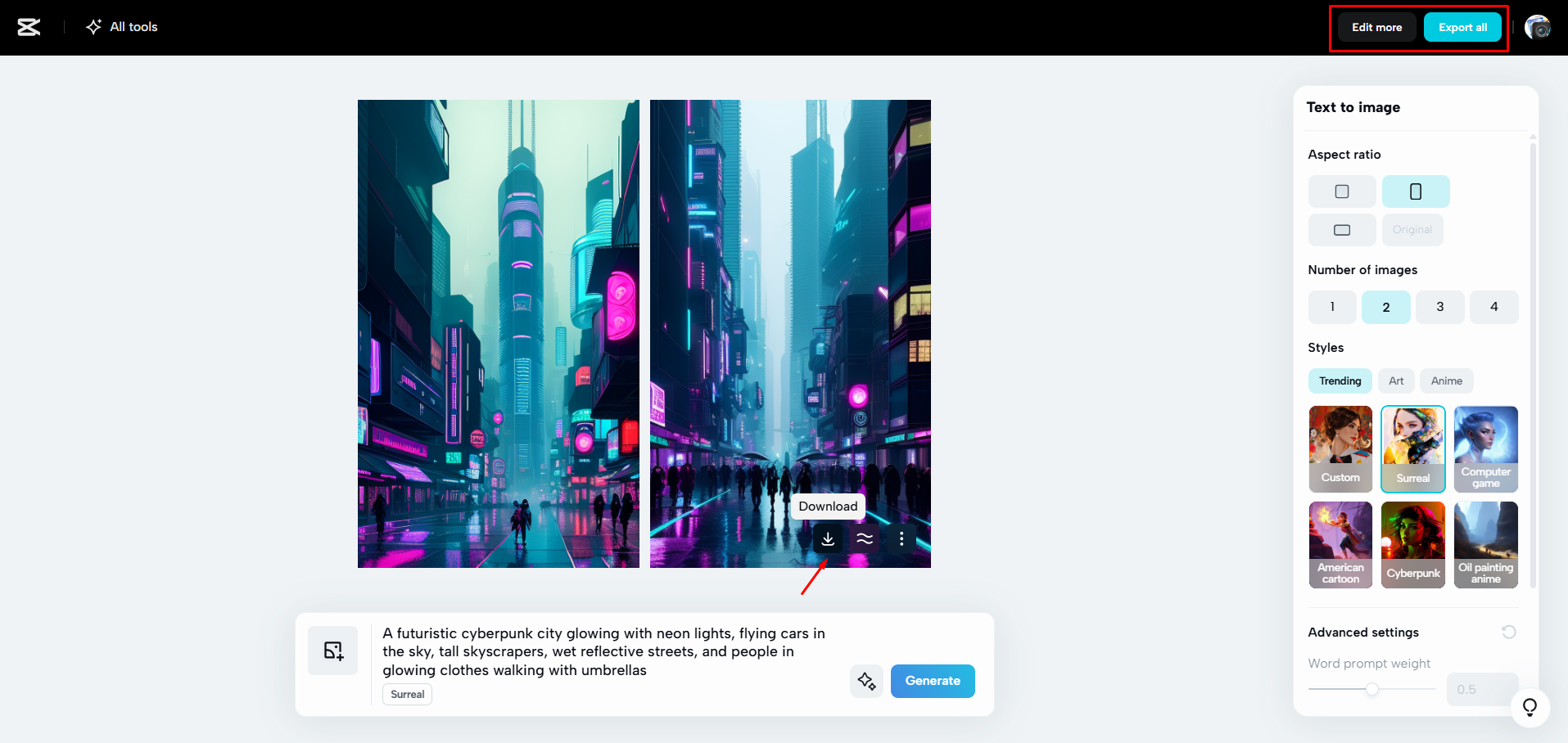 Downloading the AI generated images from CapCut Web