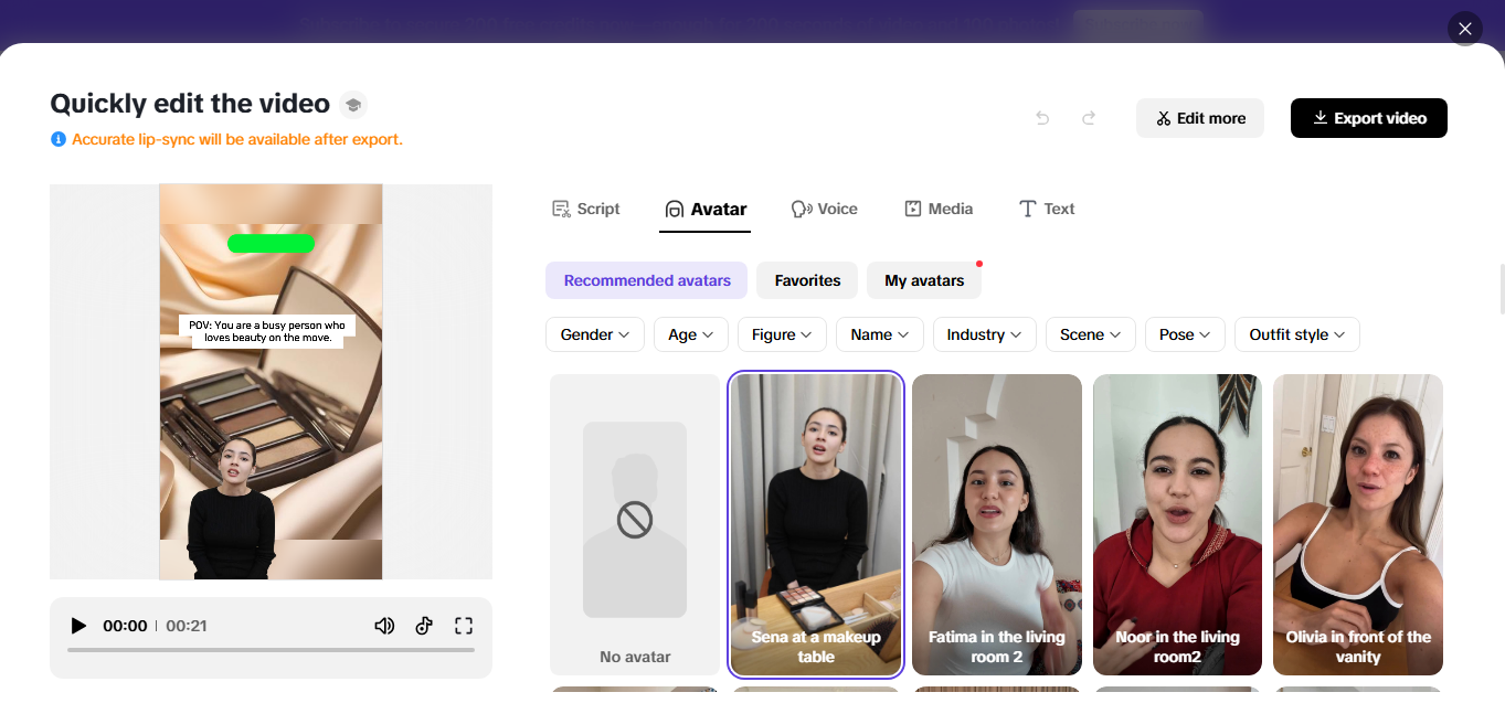 Avatar options in Pippit's quick editor