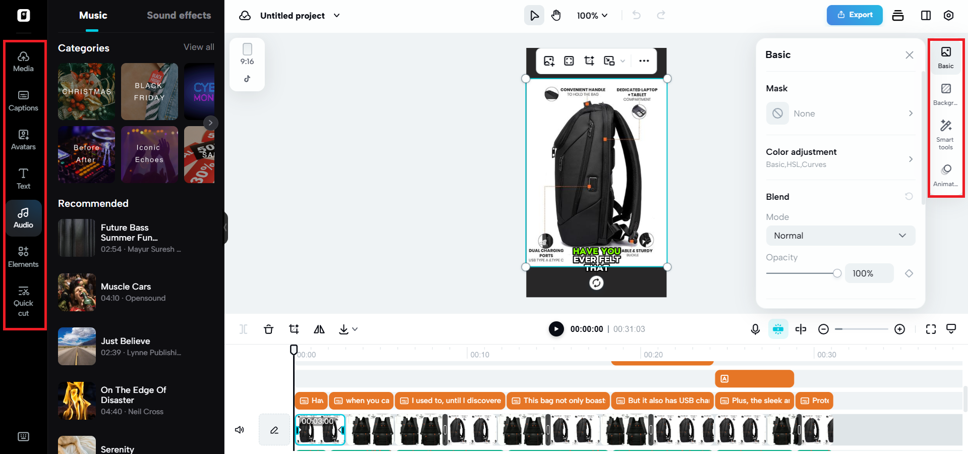 Editing options on either side of the canvas