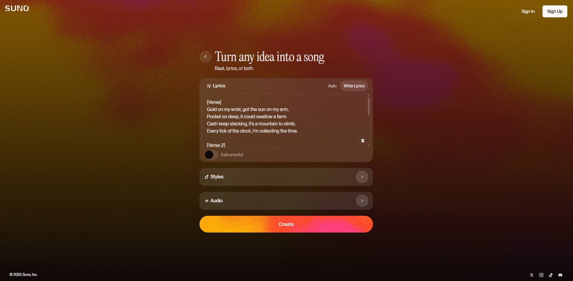 Oberfläche von Suno – ein effizienter KI-Rap-Generator