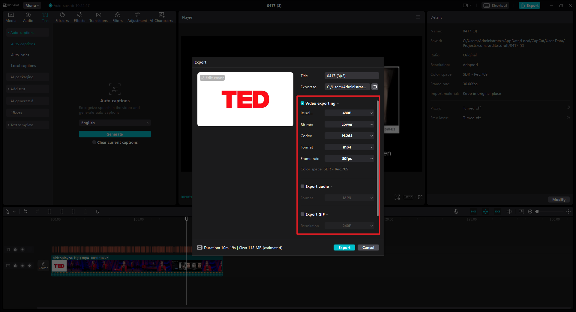 Export settings