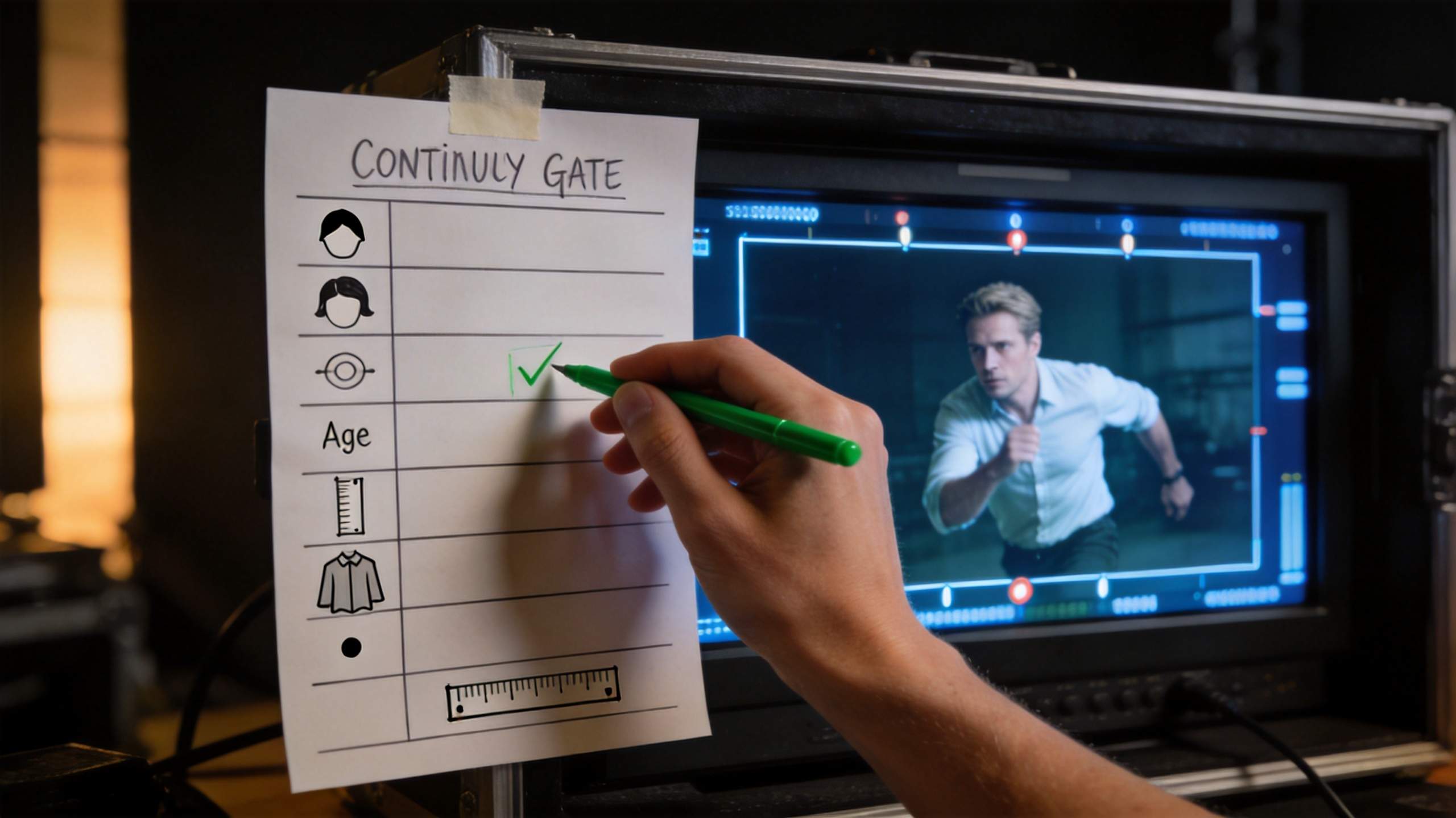 Hand marks a continuity checklist beside a video monitor showing a running actor