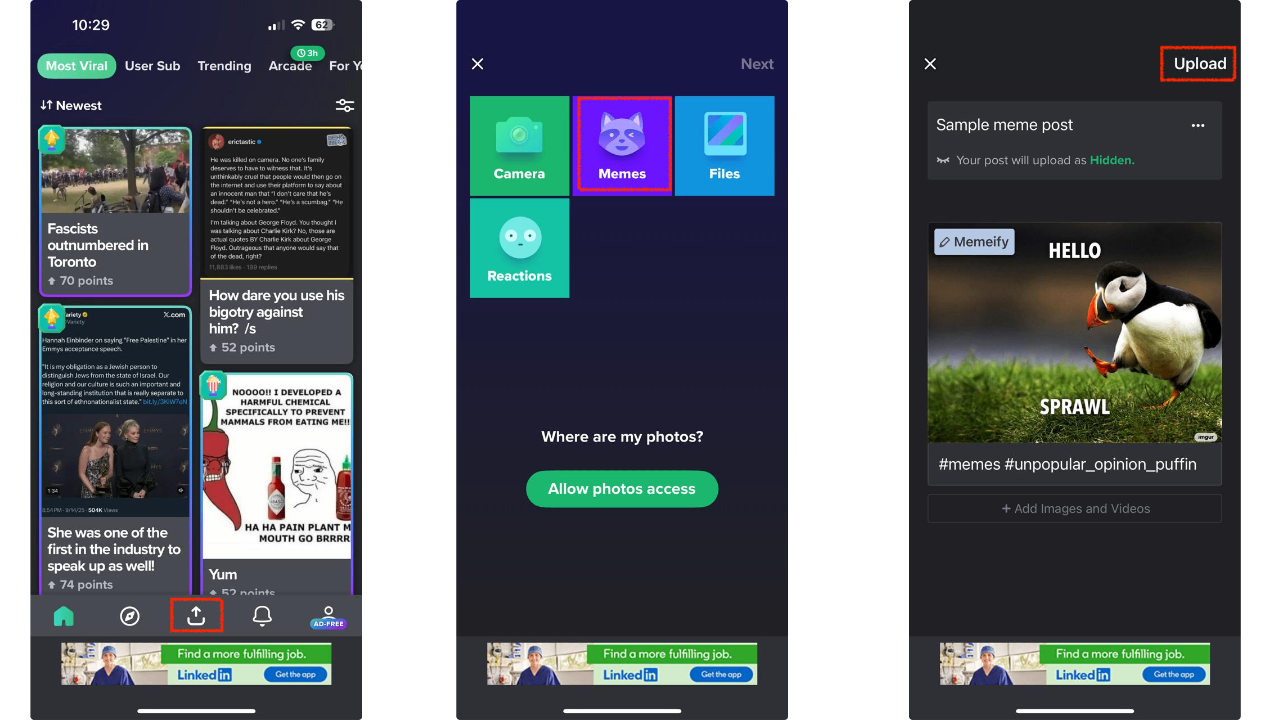 Step to create a meme using the Imgur AI meme generator app