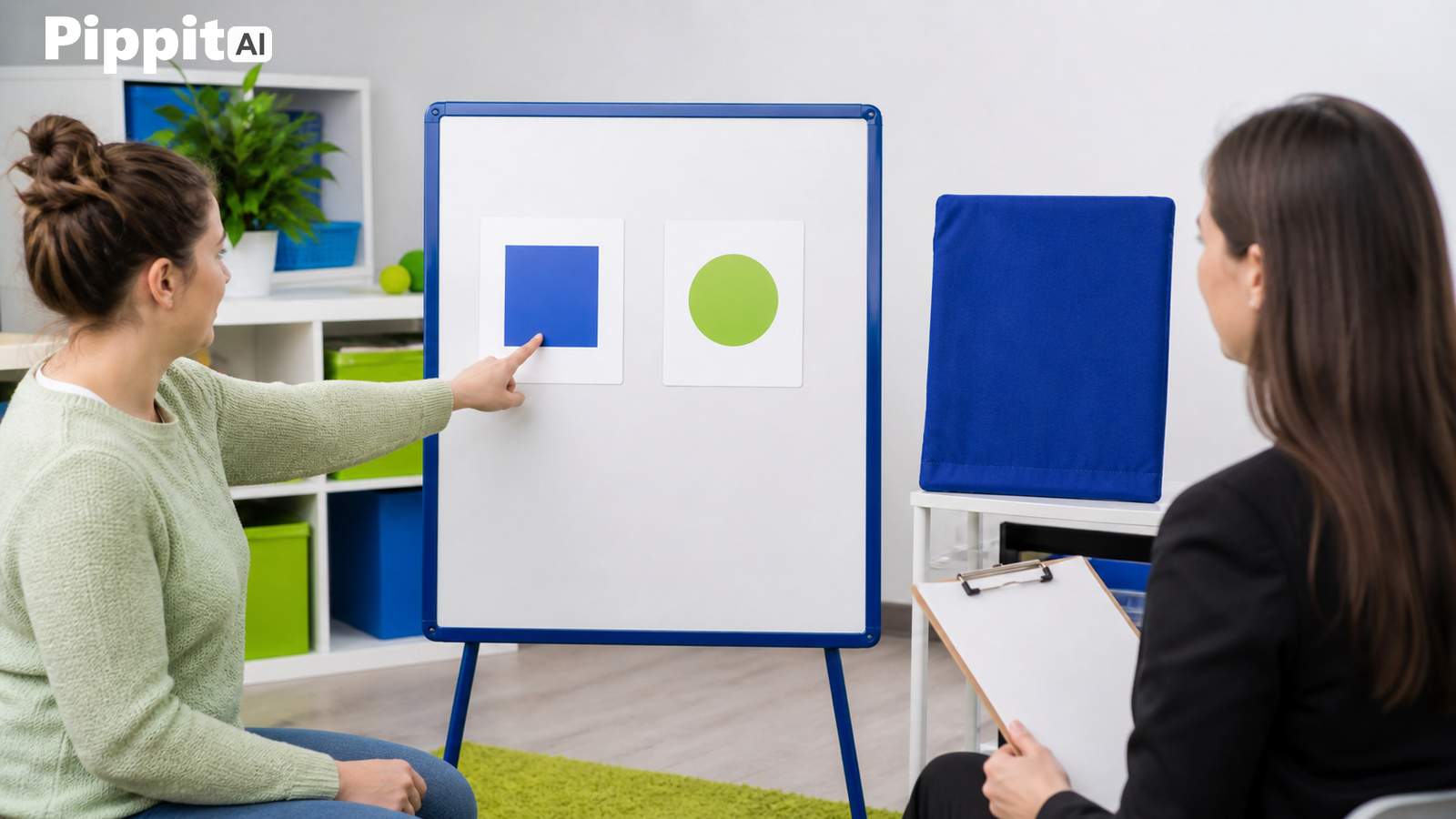 Woman points to a blue square on a whiteboard while another woman watches and holds a clipboard.