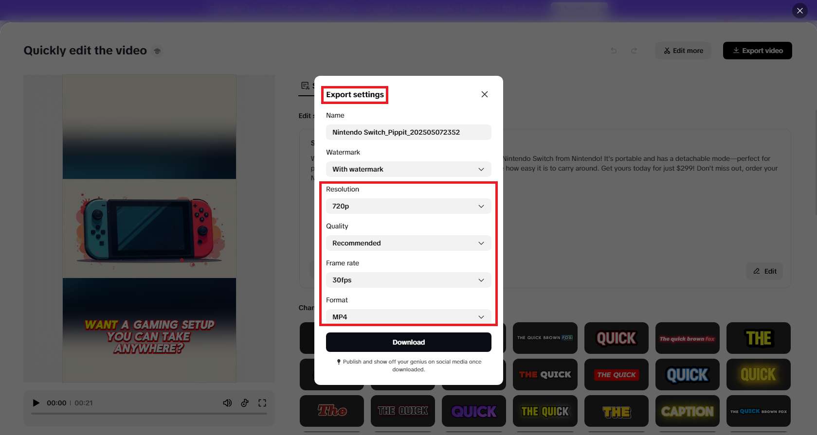 Advanced exporting options