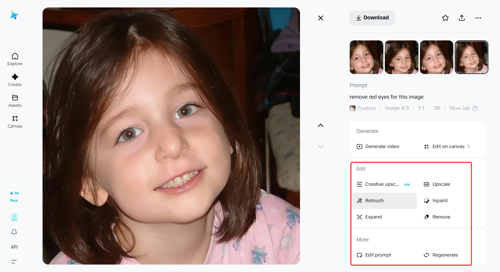 Editing and enhancing the photo in Dreamina